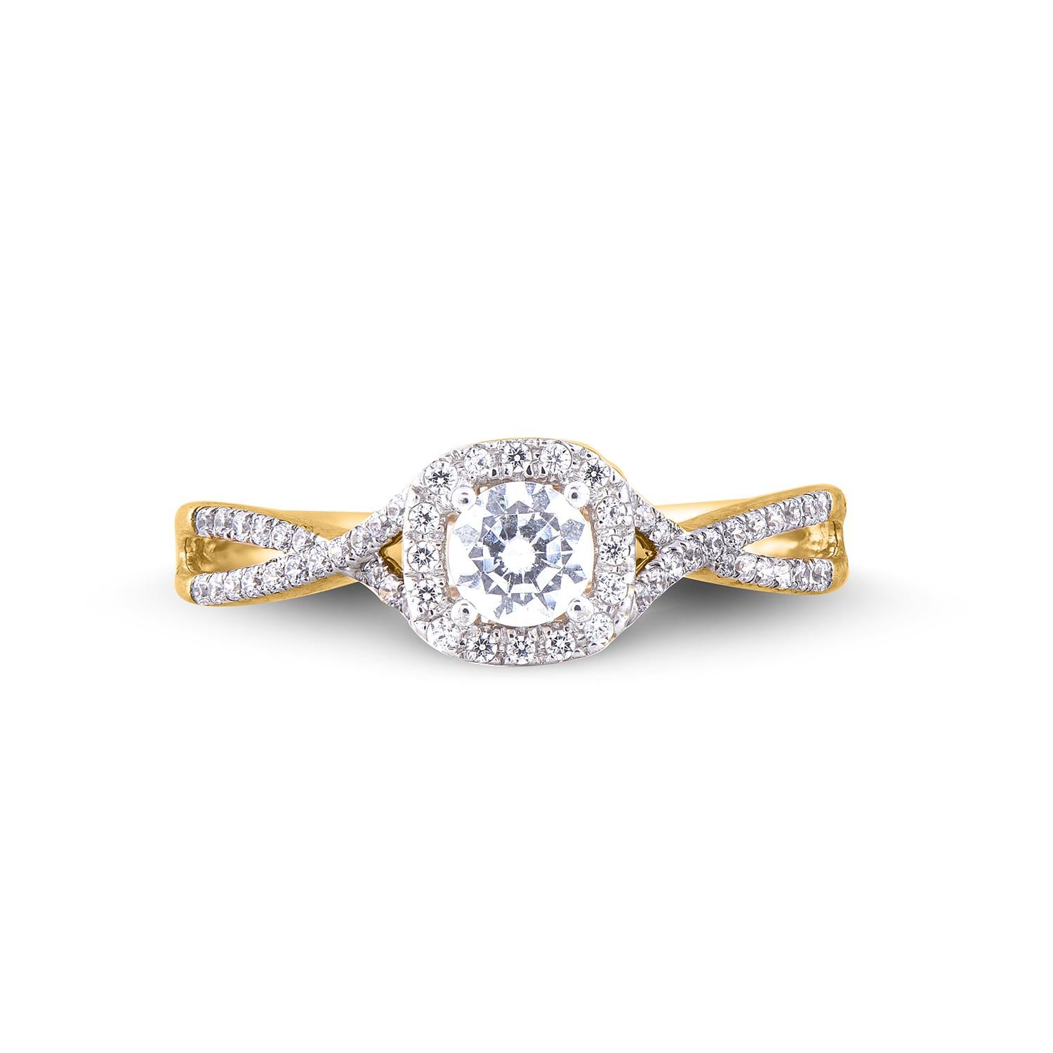 Art Déco TJD Anello di fidanzamento con gambo ritorto in oro giallo con diamante rotondo da 0,50 carati (18 carati) in vendita