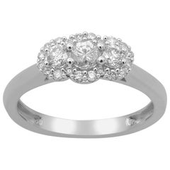 TJD 0.50 Carat 3 Stone Round Diamond 14 Karat White Gold Halo Engagement Ring