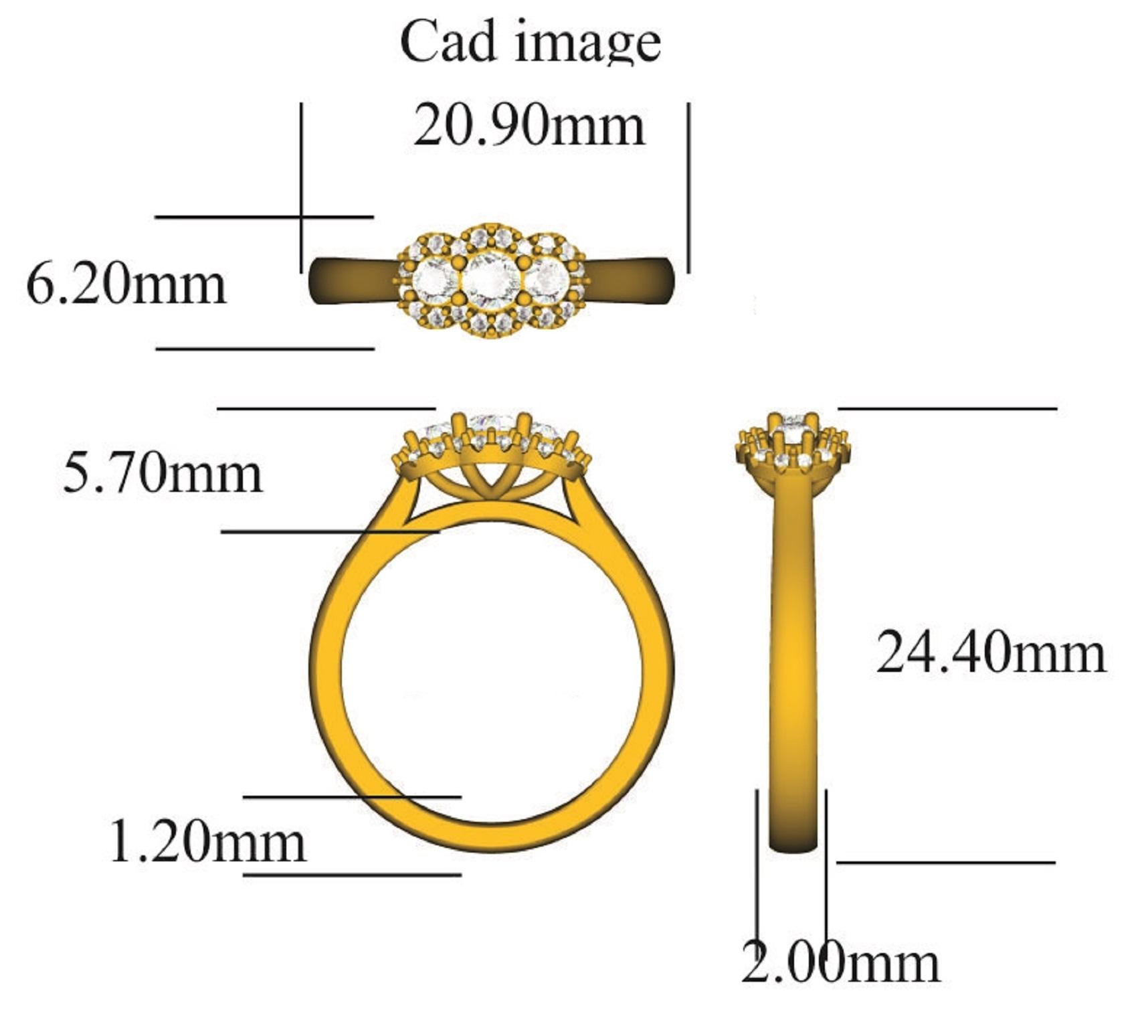 This Three stone surrounded with small Diamond Engagement Ring in 14 Karat gold showcases 0.50 carats of sparkling 23 round diamond set in prong and stackable prong setting. Featuring a fabulous cluster design and a highly polished gold finish, this