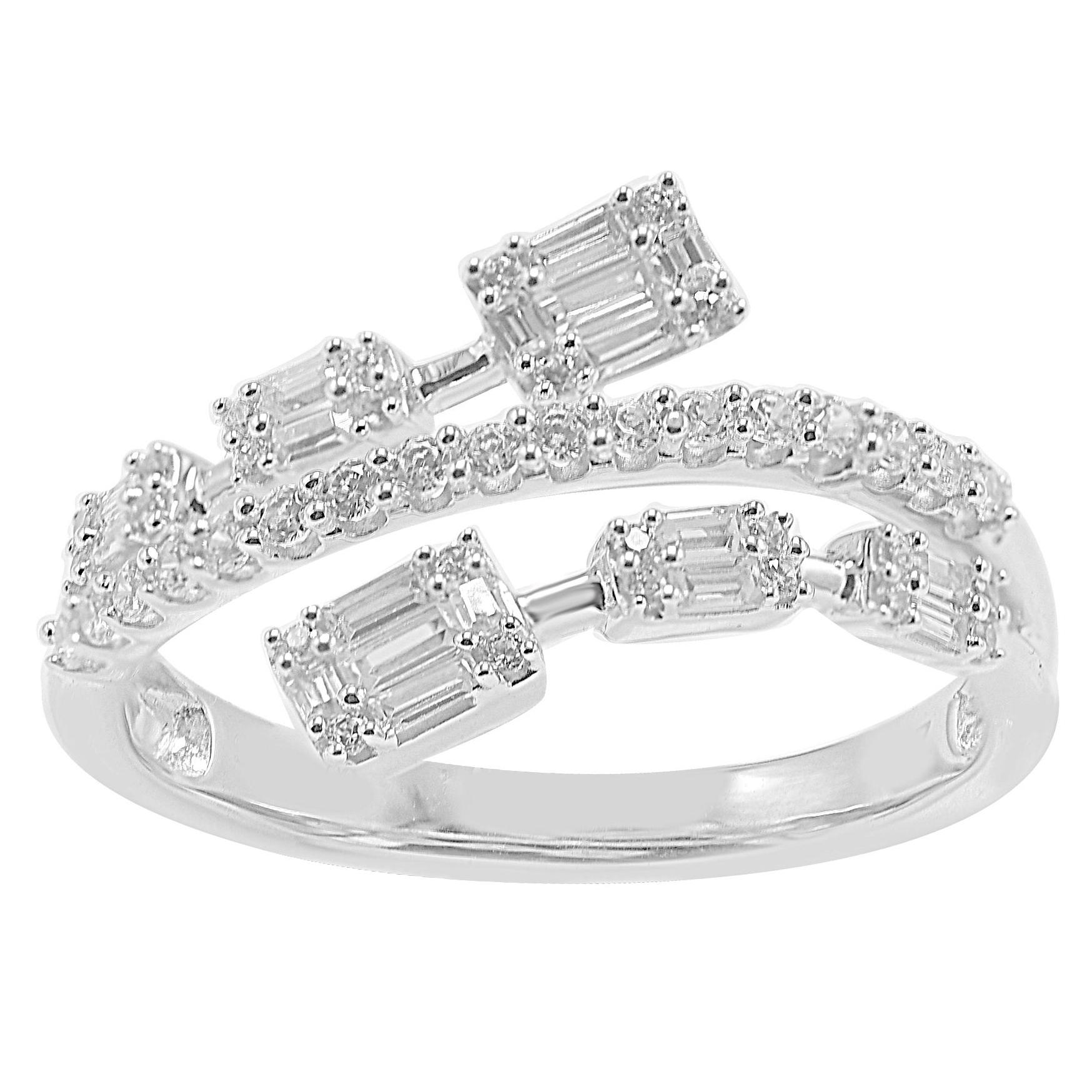 TJD 1/2Carat Round & Baguette Diamond 14K White Gold By-Pass Crossover Ring For Sale