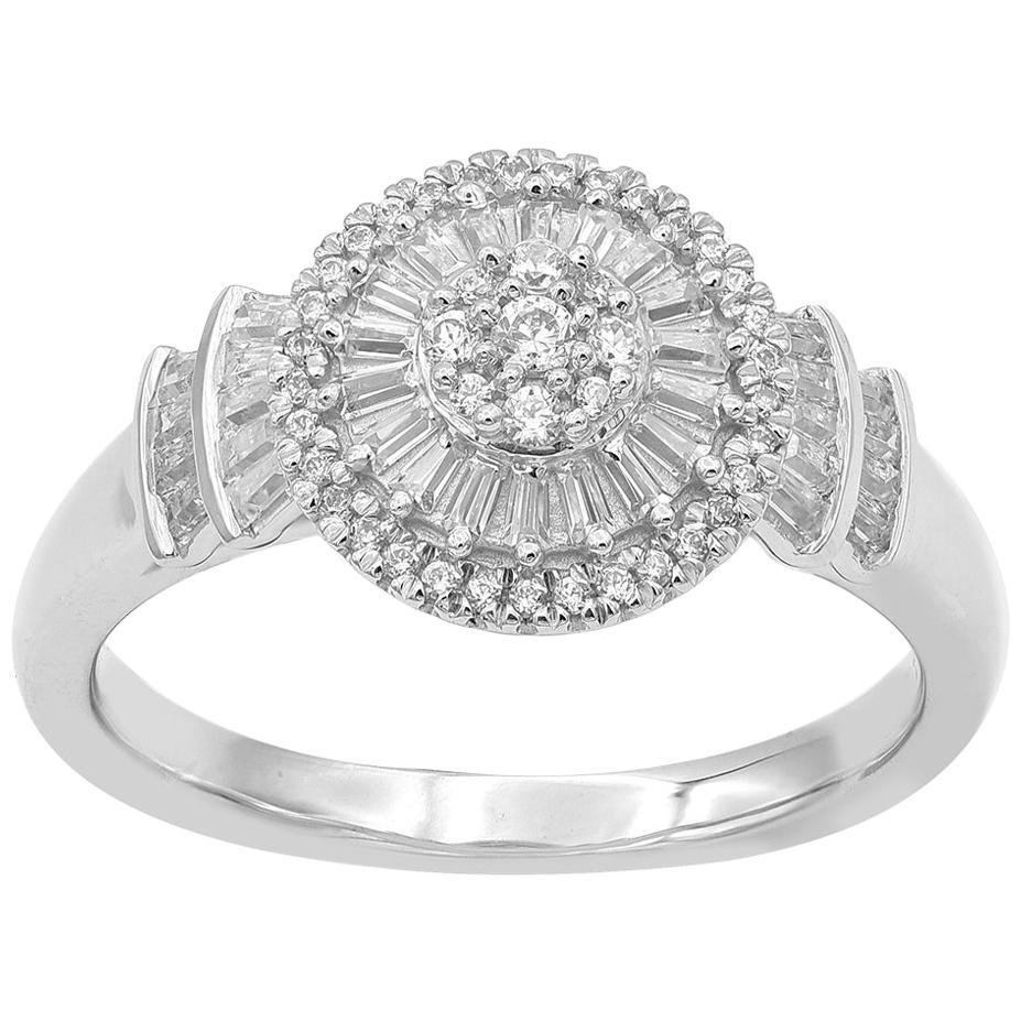 TJD 0.50 Carat Baguette and Round 14 Karat White Gold Cluster Diamond Ring