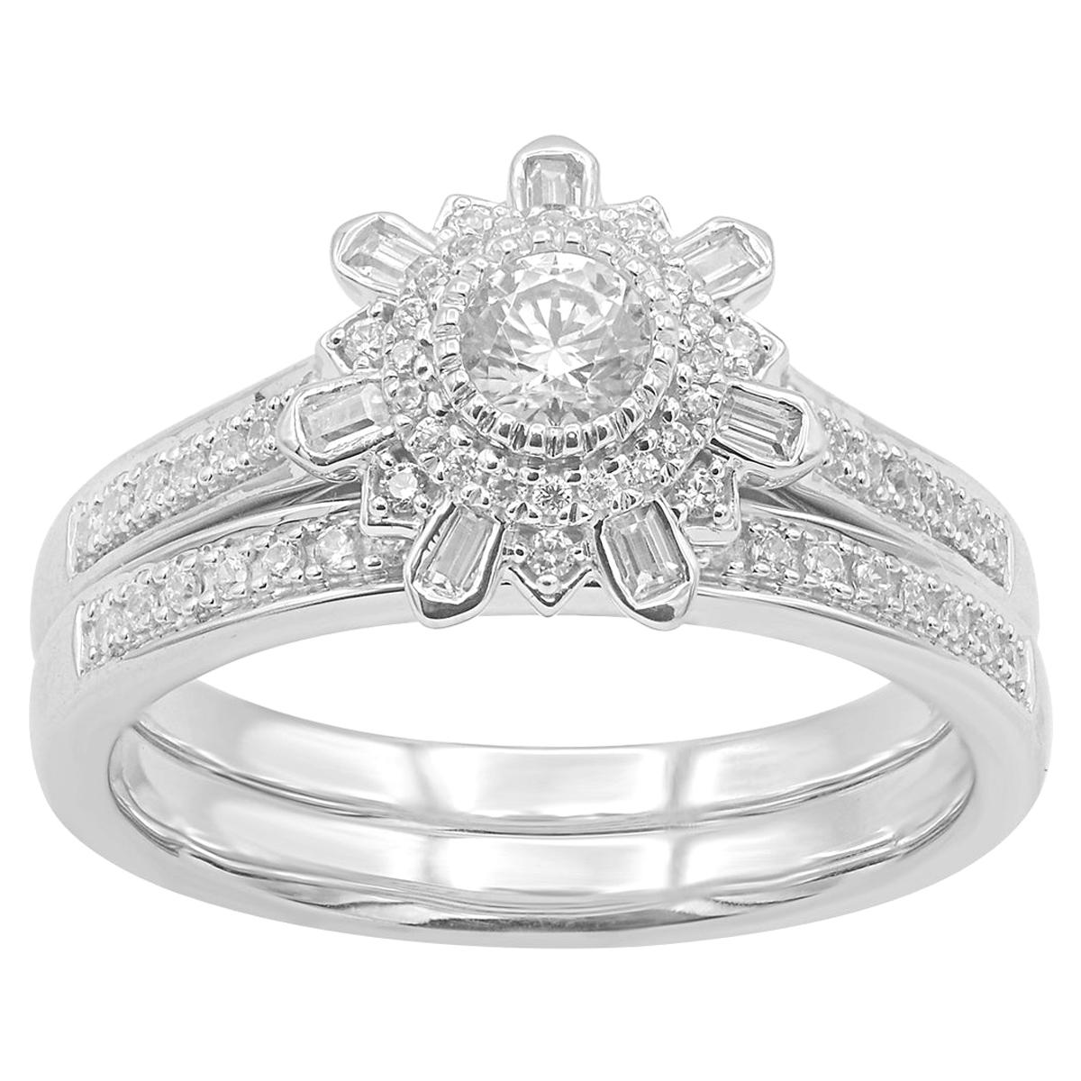 TJD 1/2Carat Round & Baguette Diamond 14 Karat White Gold Floral Bridal Set Ring For Sale