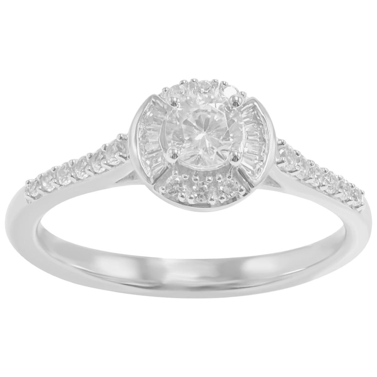TJD 0.50 Carat Baguette and Round Diamond 18 Karat White Gold Engagement Ring For Sale