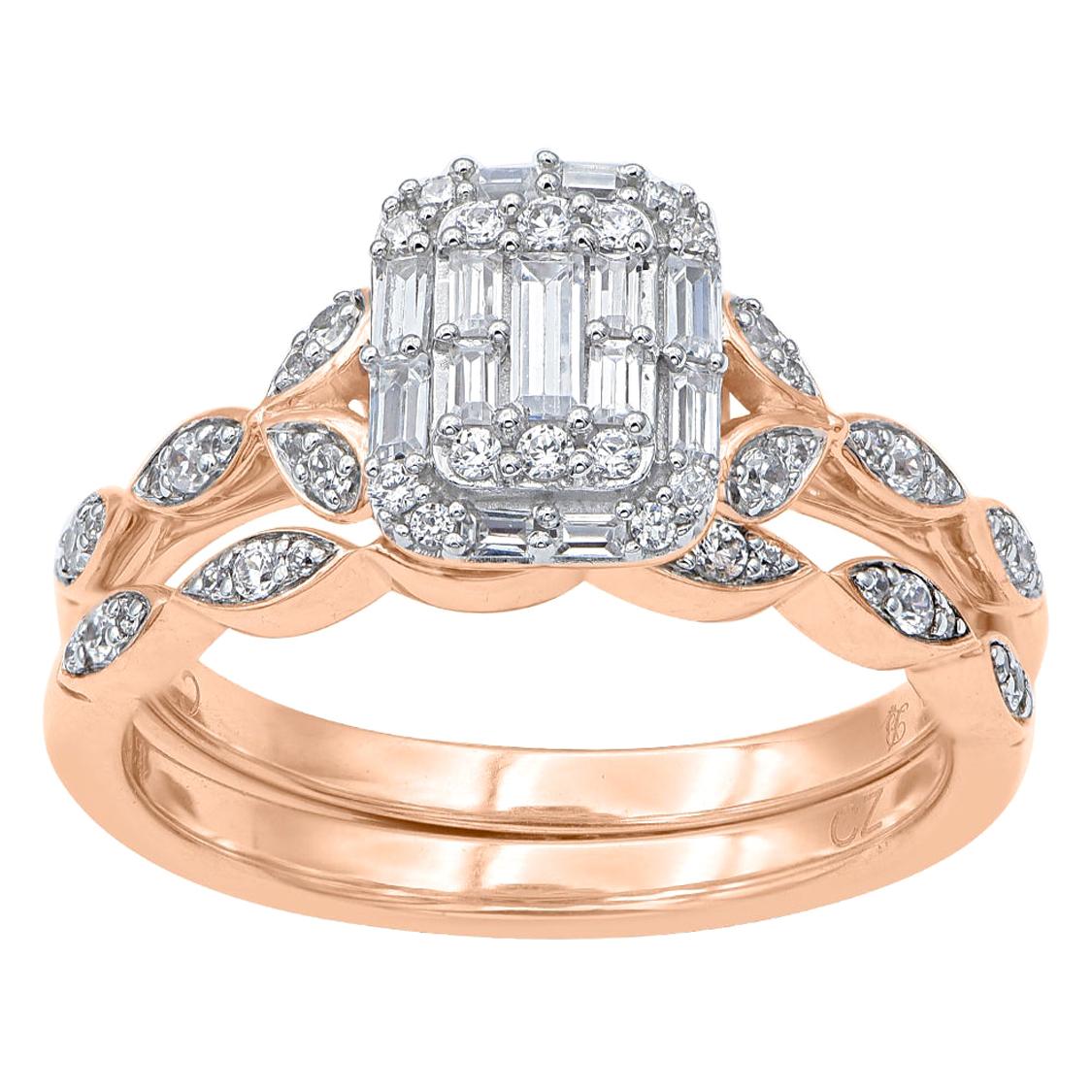 TJD 1/2Carat Round & Baguette Diamond 14K Rose Gold Petal Stackable Bridal Ring For Sale