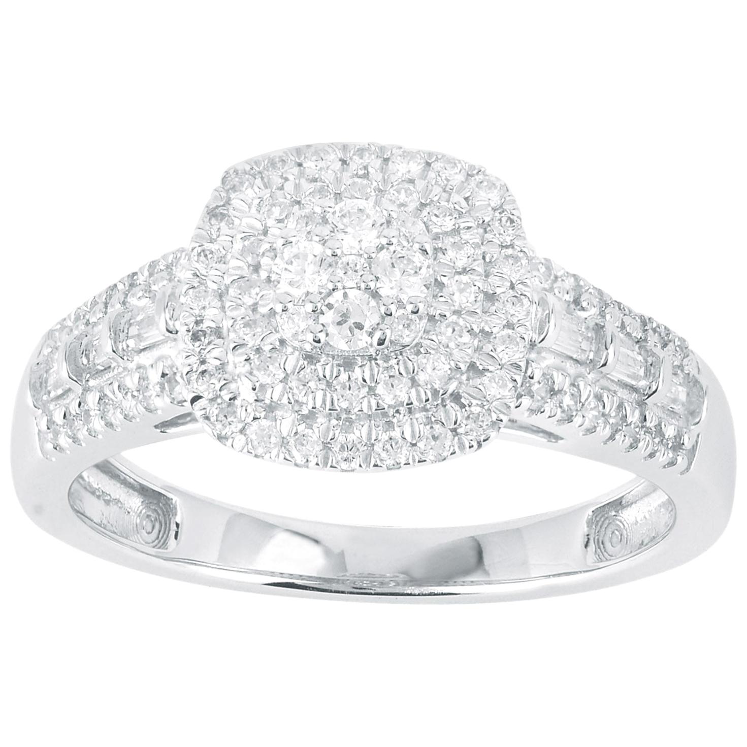 TJD 1/2 Carat Round and Baguette Diamond 14K White Gold Cluster Engagement Ring For Sale