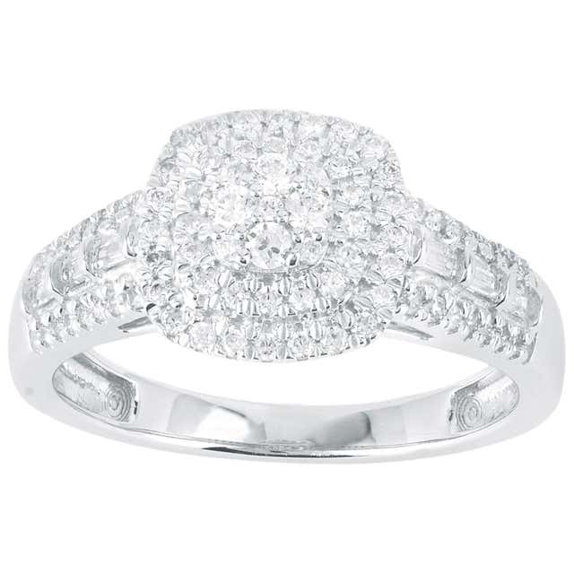 TJD 1.00 Carat Round and Baguette Diamond 14K White Gold Cluster ...