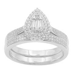 TJD 0.50 Carat Round and Baguette Diamond 14K White Gold Pear Shaped Bridal Set