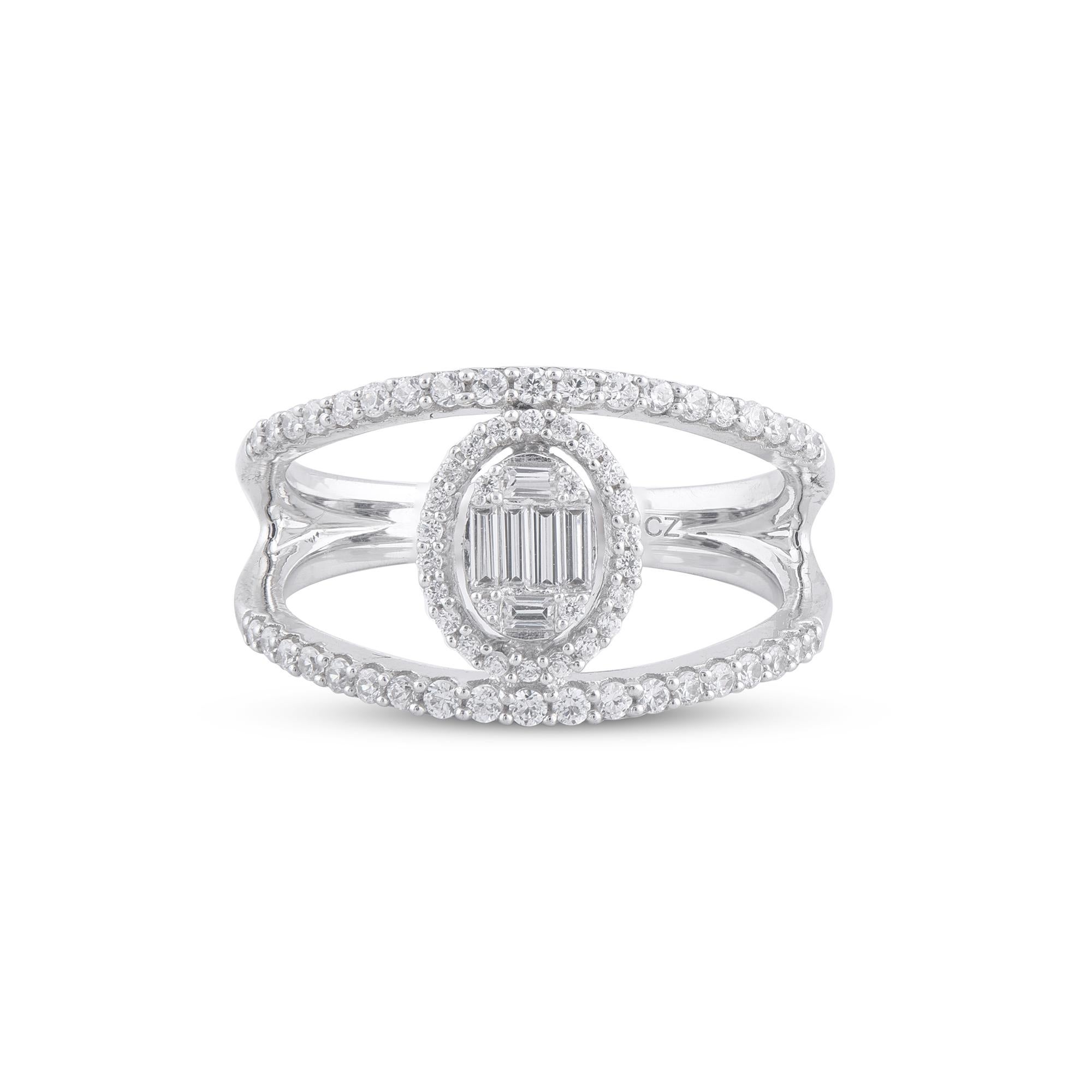 Moderno TJD 0,50 Carati Baguette e Diamante Rotondo in Oro Bianco 14 Carati Anello Aperto di Design in vendita