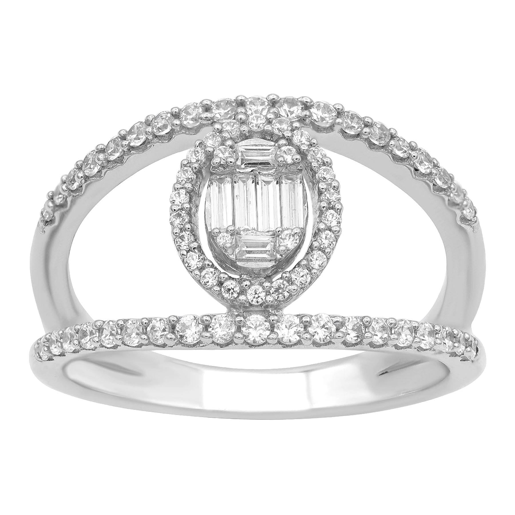 TJD 0,50 Carati Baguette e Diamante Rotondo in Oro Bianco 14 Carati Anello Aperto di Design in vendita