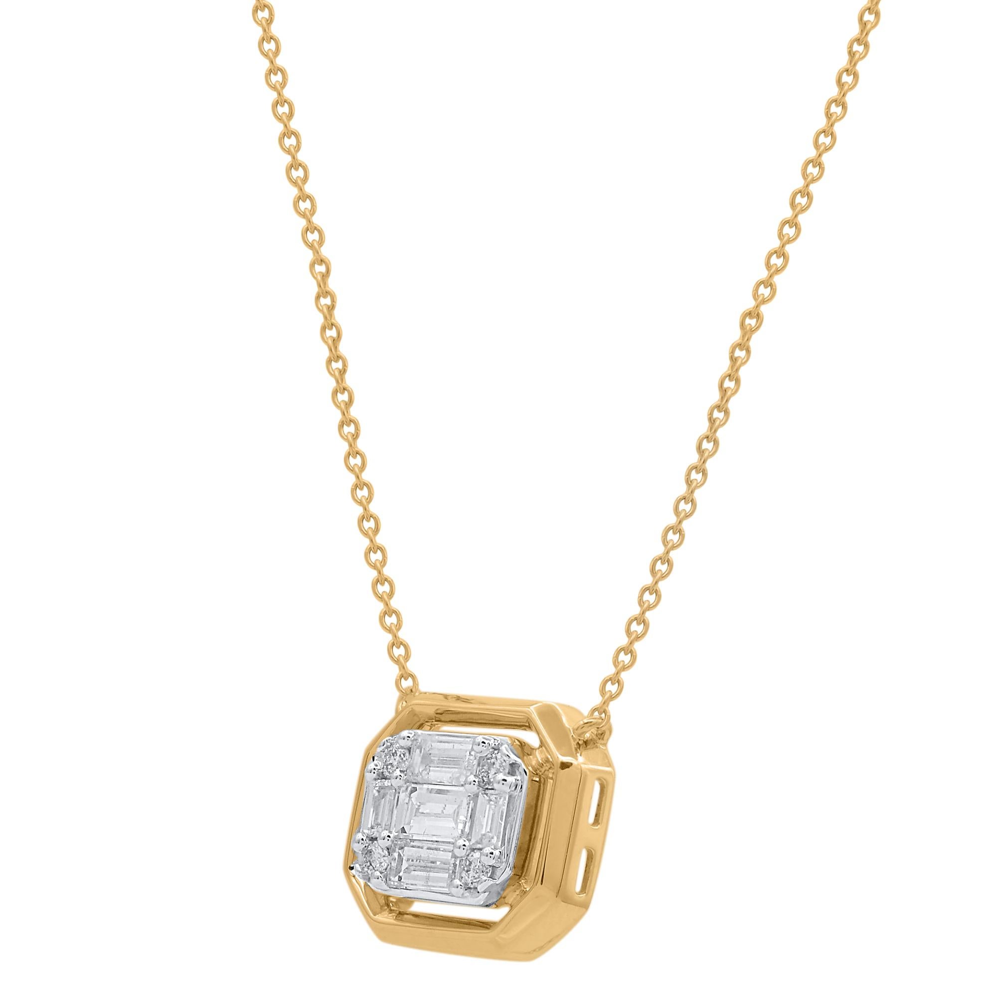 Make a favorable impression with this elegant  diamond pendant. These emerald cut pendant are studded with 4 Brilliant Cut & 5 Baguette diamonds in 14kt yellow gold in prong setting. Diamonds are graded as H-I color and I-2 clarity. Pendant suspends