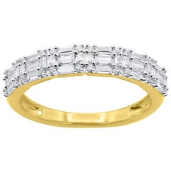 TJD Bague d'alliance à 3 rangées de diamants en or jaune 14 carats, diamants baguettes et ronds de 0,50 carat