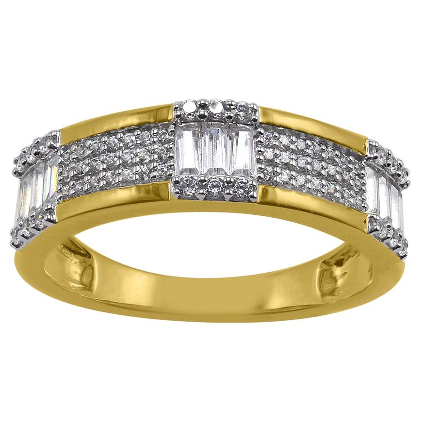 TJD 0.50 Carat Baguette & Round 14K Yellow Gold Multi Row Designer Wedding Band For Sale