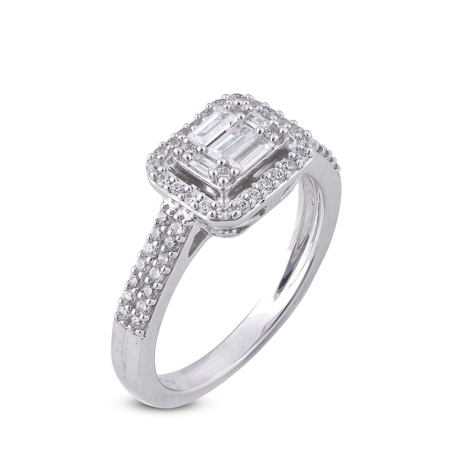 This diamond engagement ring is made in 14 karat White gold and studded beautifully with 56 round diamond and 5 Baguette cut diamond set in prong setting, diamonds are graded H-I Color, I2 Clarity.