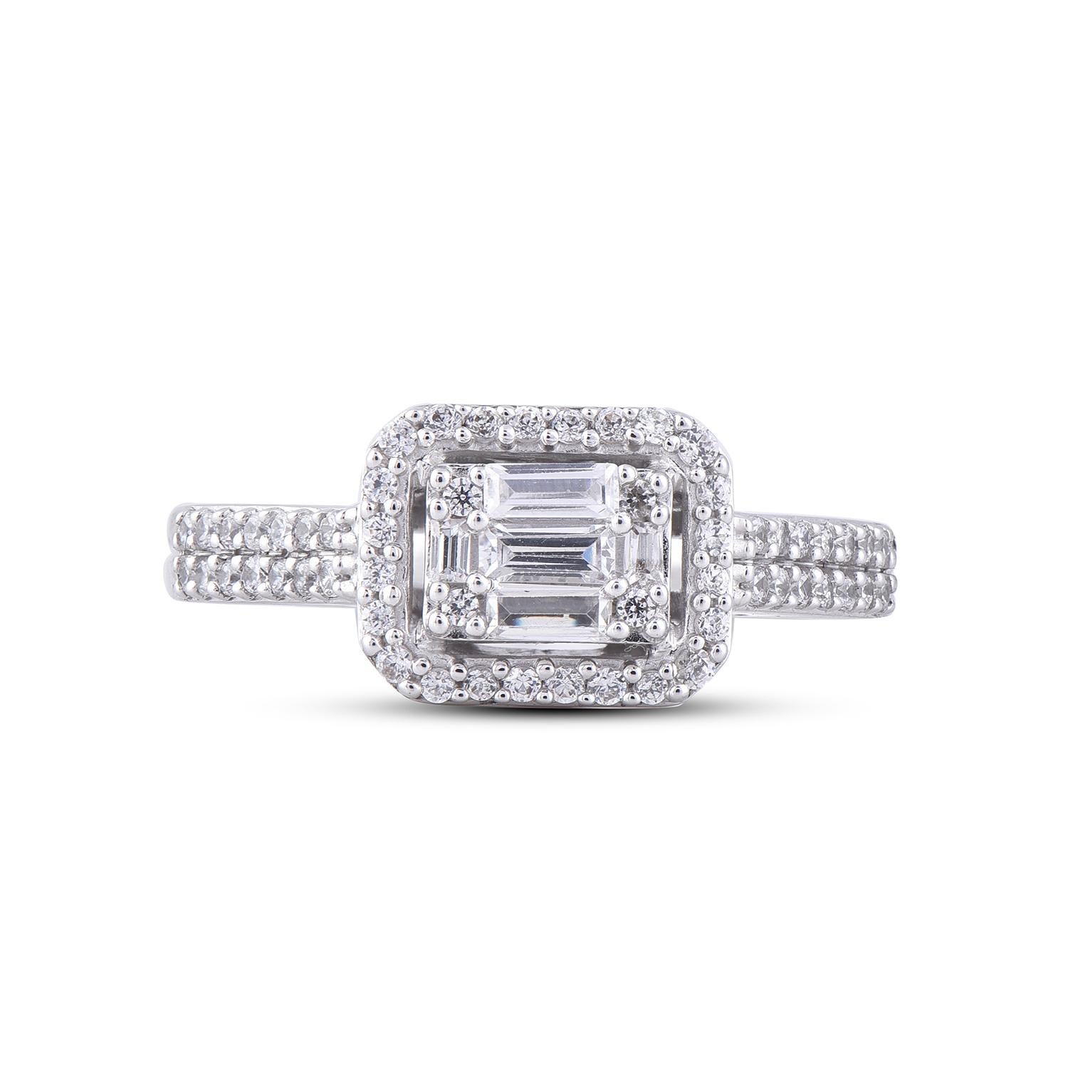 Baguette Cut TJD 0.50 Carat Baguette/Round Diamond 14 Karat White Gold Radiant Shape Ring For Sale