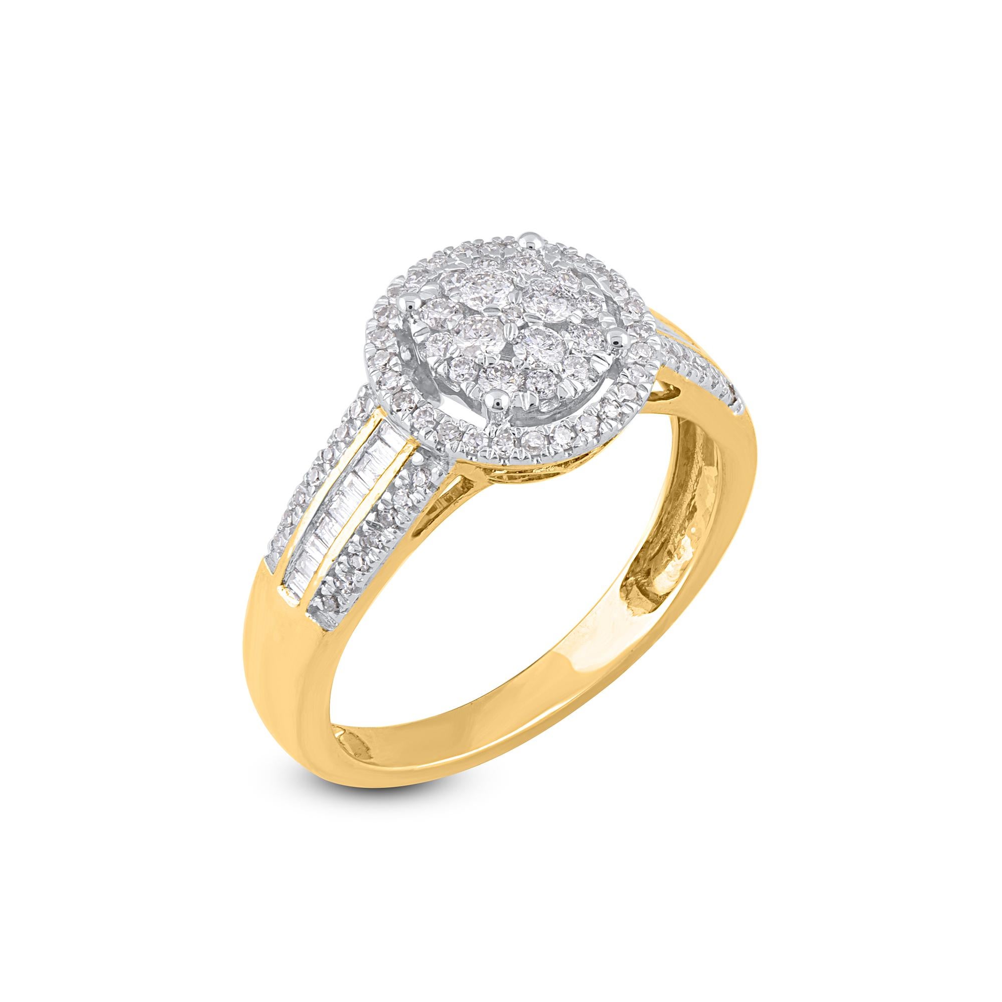 Win her heart with this classic and elegant diamond engagement ring. The diamond ring is crafted from 14 karat yellow gold with 89 brilliant cut and baguette cut diamonds set in channel and prong setting, dazzles in H-I color I2 clarity and a high