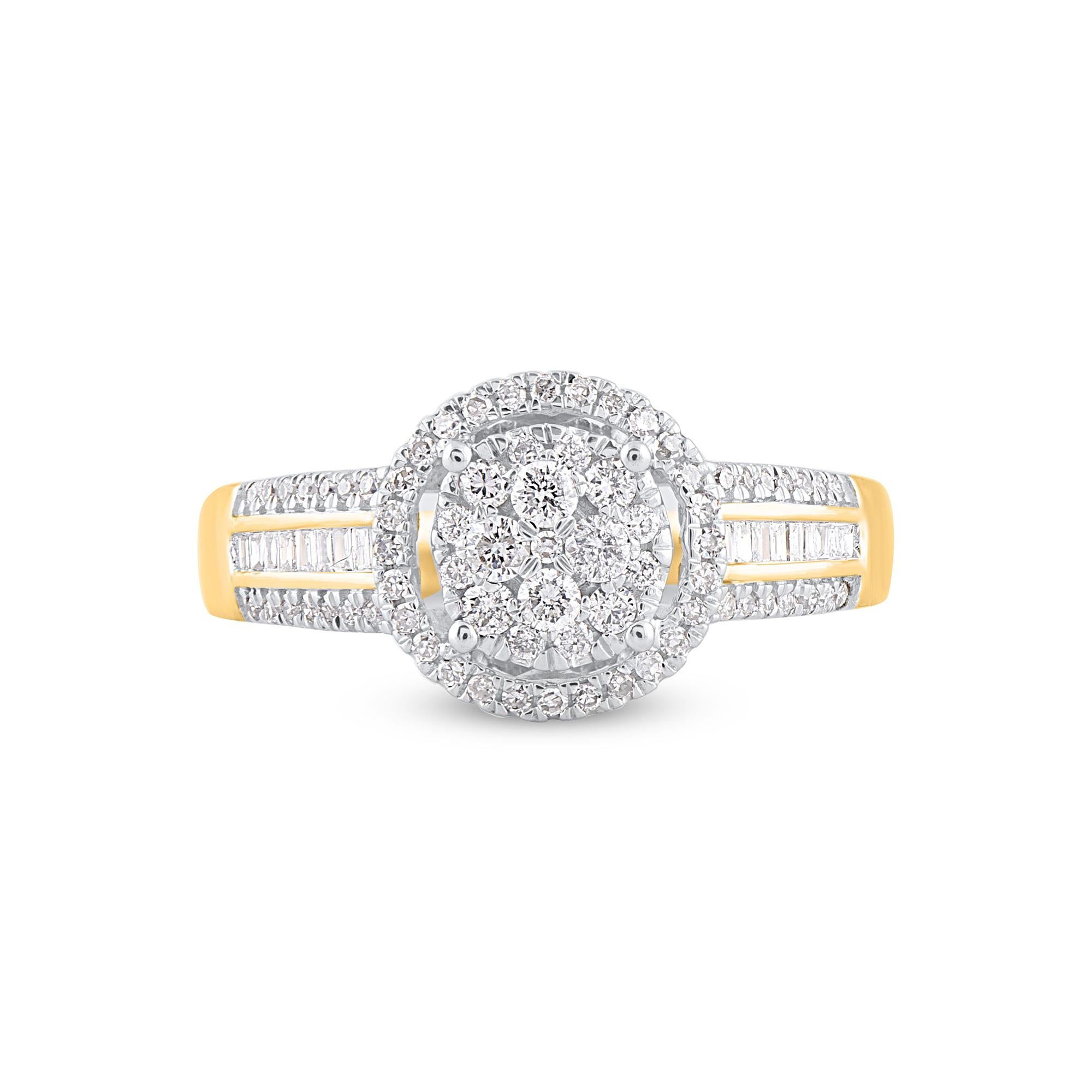 Contemporary TJD 0.50 Carat Baguette & Round Diamond 14KT Yellow Gold Halo Engagement Ring For Sale