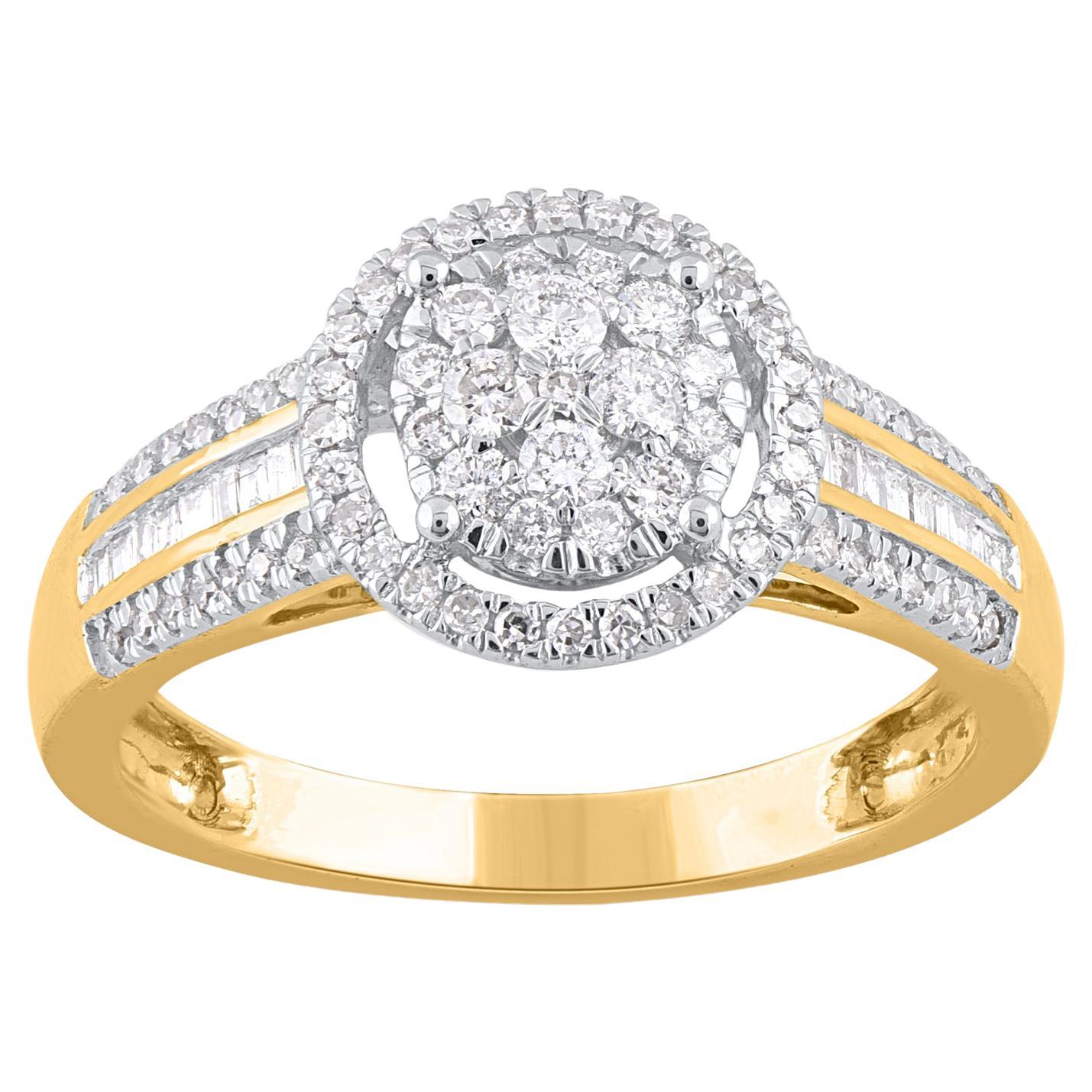 TJD 0.50 Carat Baguette & Round Diamond 14KT Yellow Gold Halo Engagement Ring For Sale