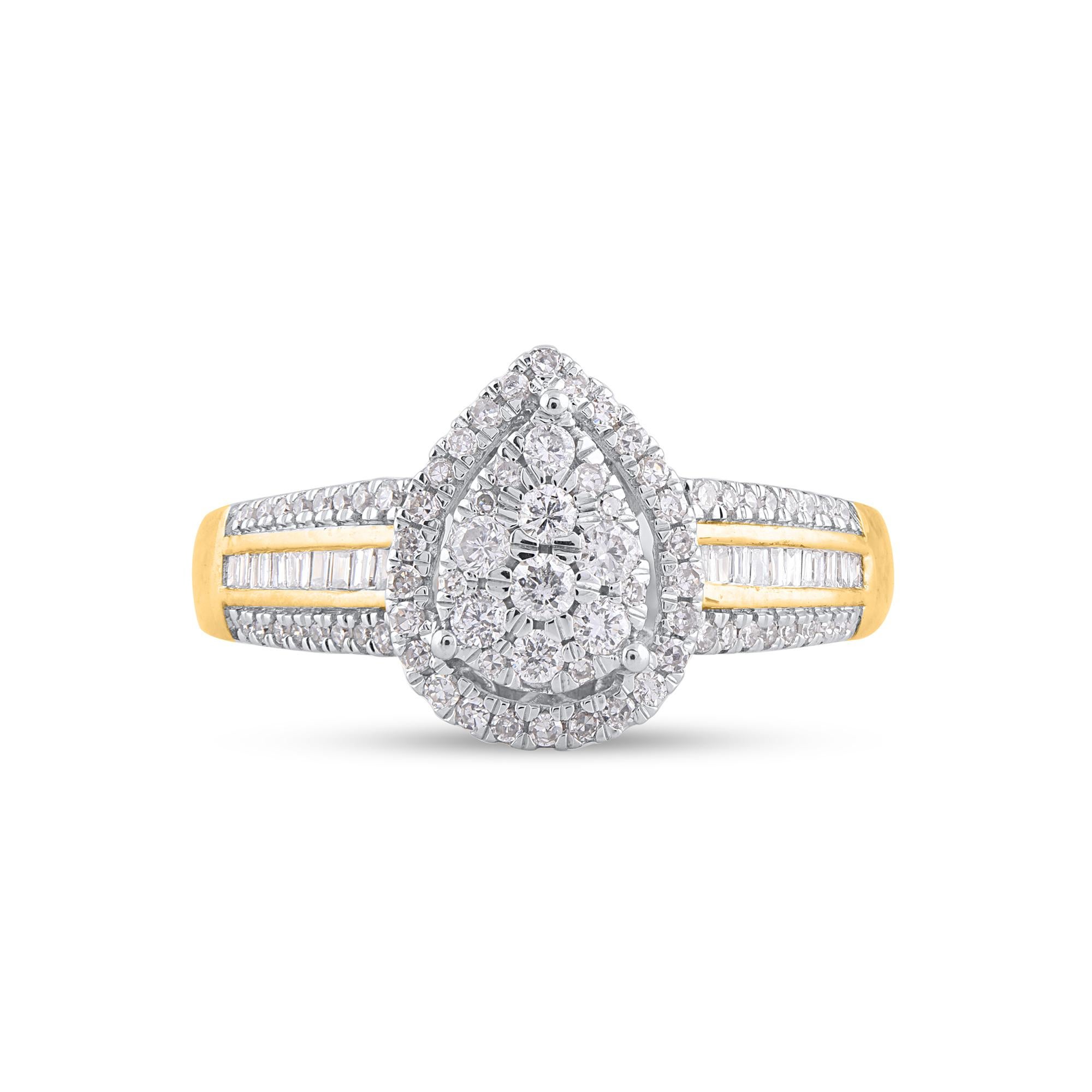 Win her heart with this classic and elegant diamond ring. The diamond ring is crafted from 14 karat yellow gold with 92 single cut, brilliant cut and baguette diamonds set in prong & channel setting, dazzles in H-I color I2 clarity and a high polish