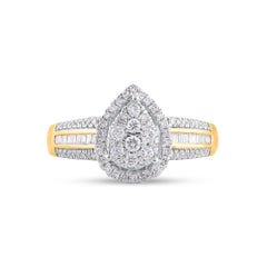 TJD 0.50 Carat Baguette & Round Diamond 14KT Yellow Gold Pear Shape Halo Ring
