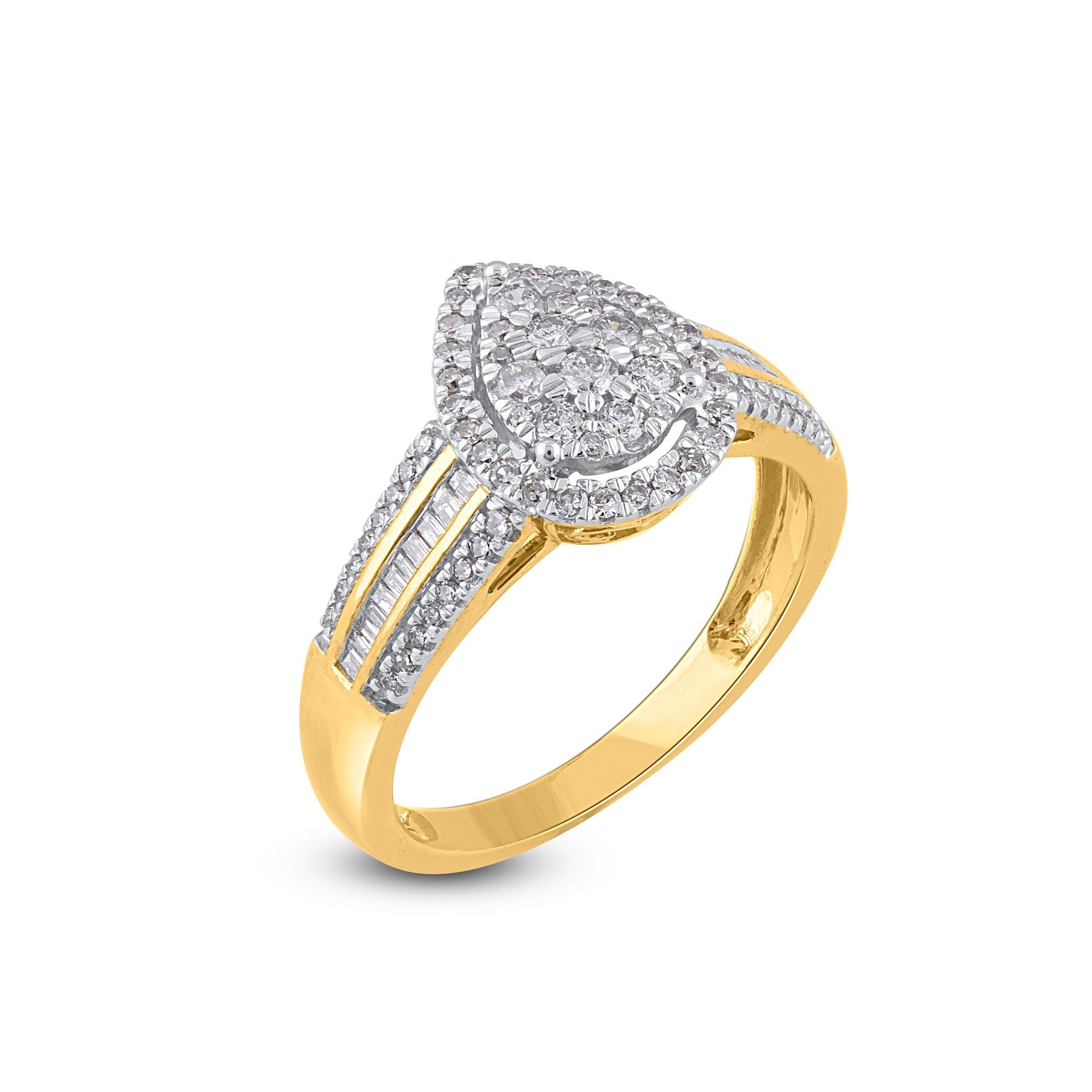 Contemporary TJD 0.50 Carat Baguette & Round Diamond 14KT Yellow Gold Pear Shape Halo Ring For Sale