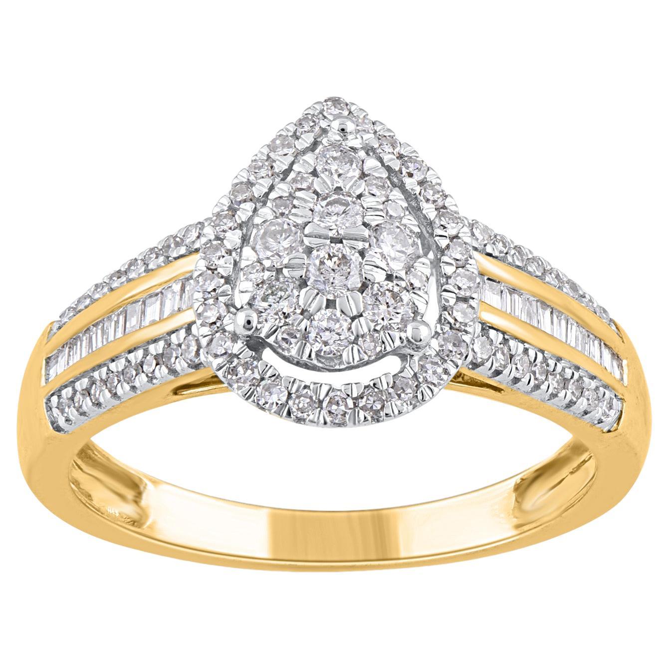 TJD 0.50 Carat Baguette & Round Diamond 14KT Yellow Gold Pear Shape Halo Ring For Sale