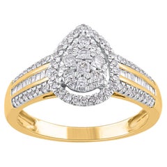 TJD 0.50 Carat Baguette & Round Diamond 14KT Yellow Gold Pear Shape Halo Ring