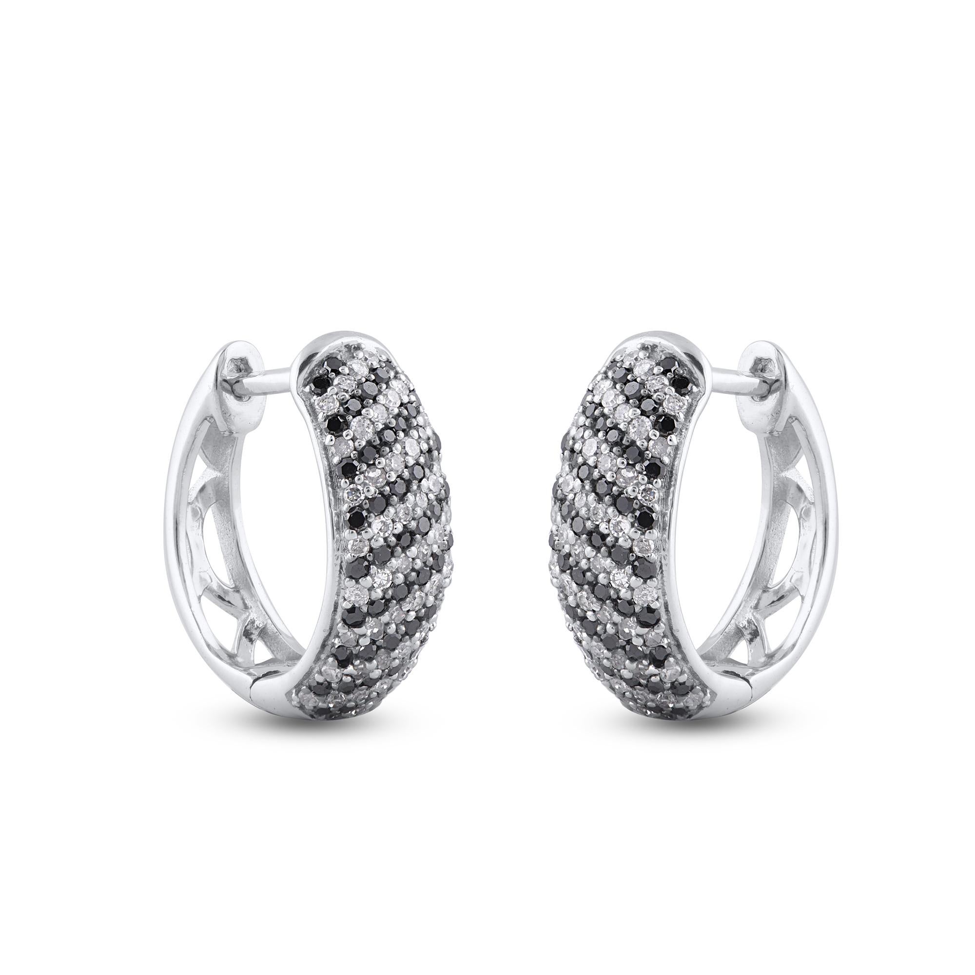Contemporary TJD 0.50 Carat Black treated & White Diamond 14KT Gold Huggie Hoop Earrings For Sale