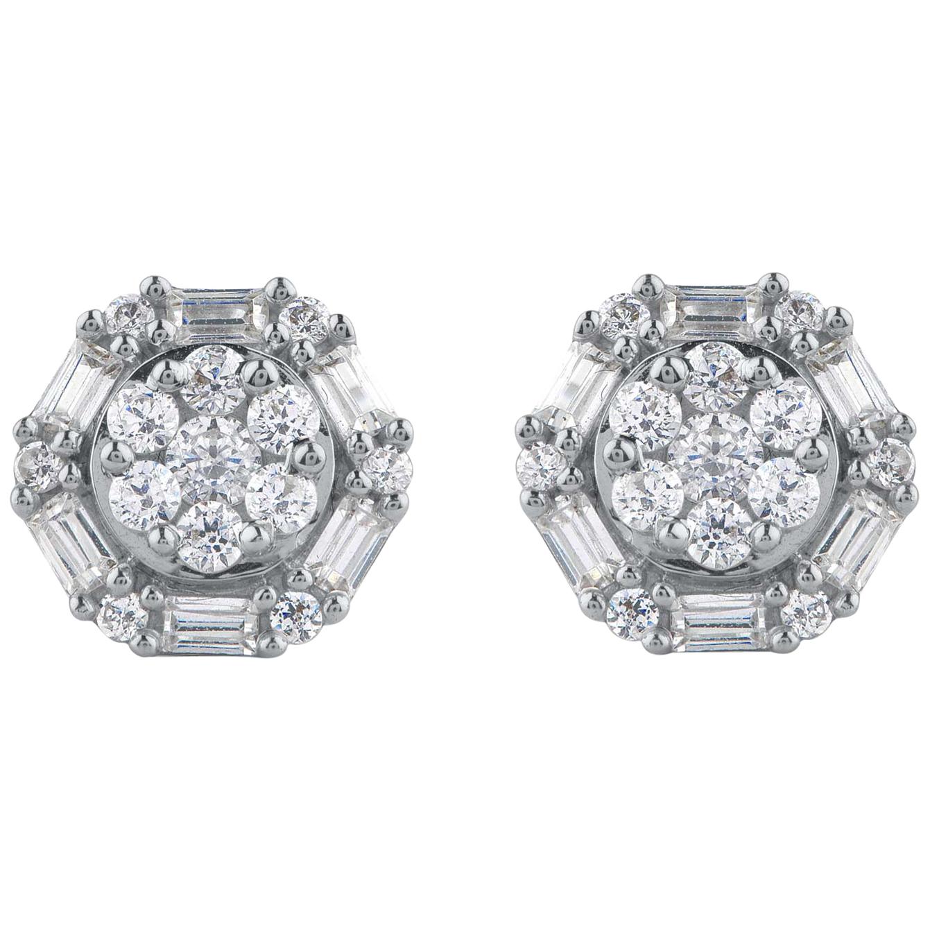 TJD 0.50 Carat Round and Baguette Diamond 18 Karat White Gold Hexagonal Earrings For Sale