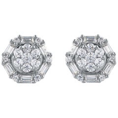 TJD 0.50 Carat Round and Baguette Diamond 18 Karat White Gold Hexagonal Earrings