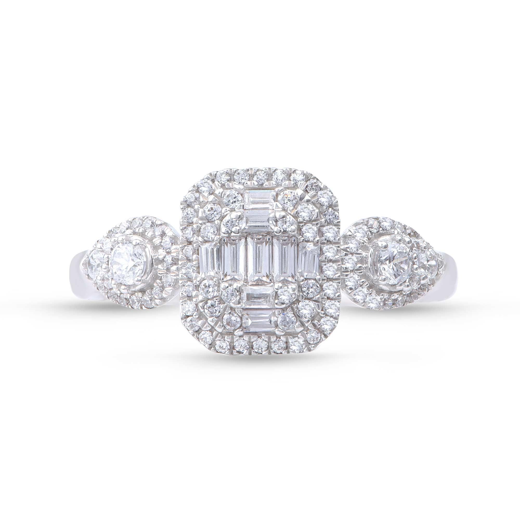 Studded with 90 brilliant and 9 baguette shape diamonds elegantly set in prong and micro-prong setting and fashioned in 18 kt white gold. Diamonds are graded H-I Color, I2 Clarity. 

Diamonds are graded H-I Color, I2 Clarity. 

Metal color and ring