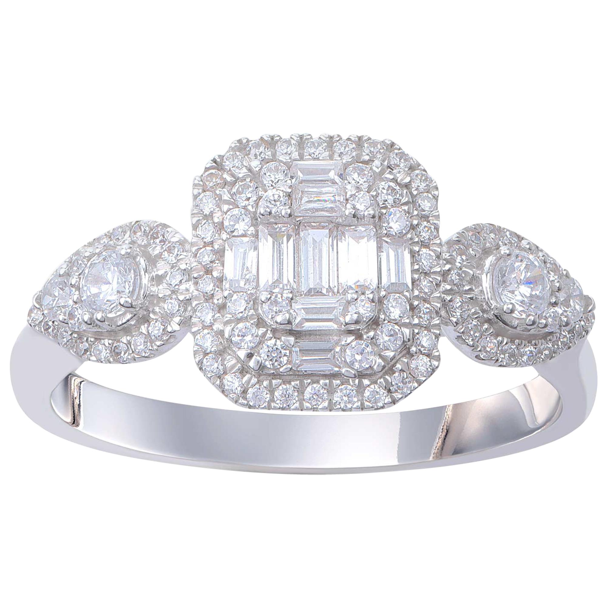 TJD 0.50 Carat Round and Baguette Diamond 18 Karat White Gold Cluster Ring For Sale