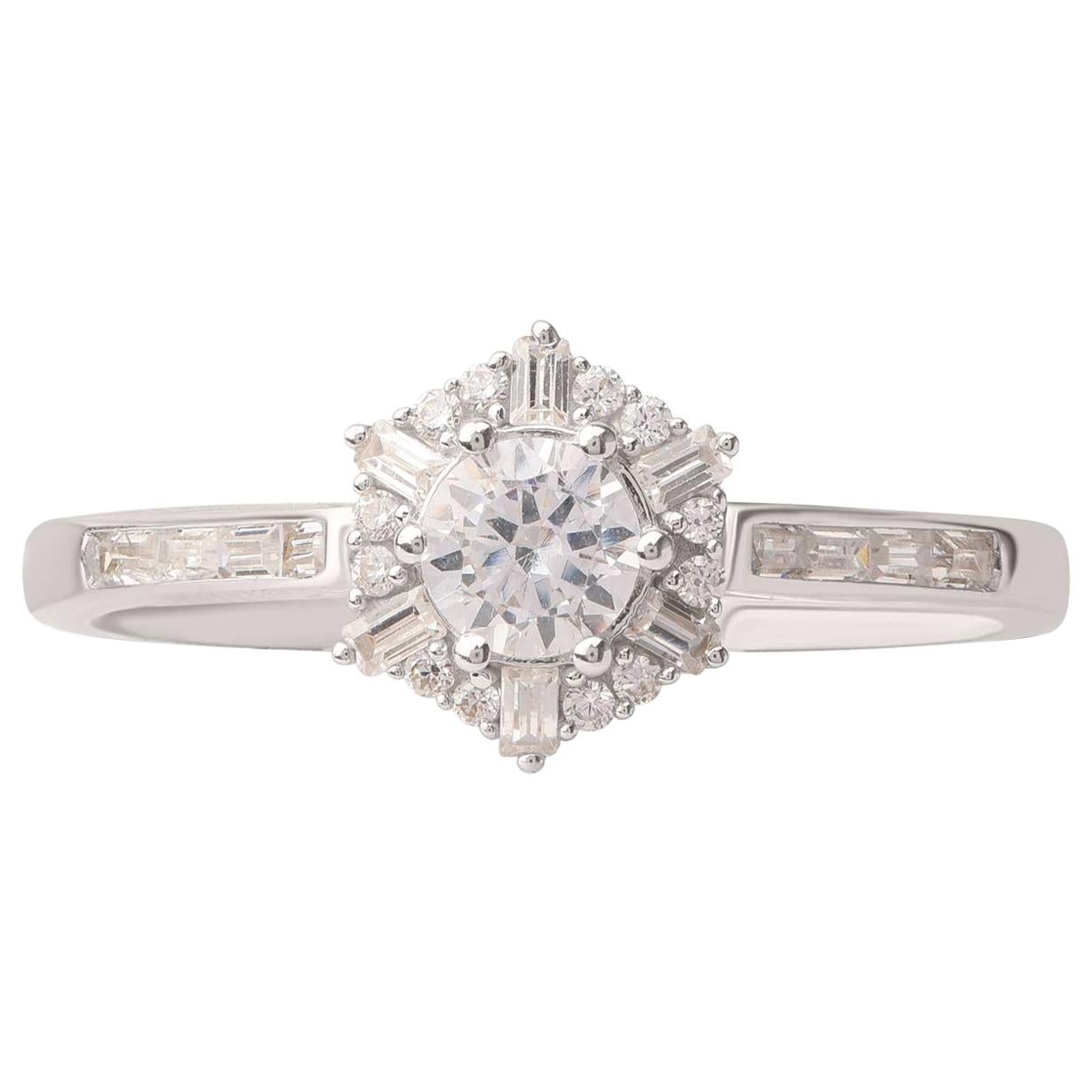 TJD 0.50 Carat Round and Baguette Diamond 18 K White Gold Diamond Cluster Ring