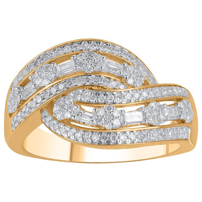 TJD 0,50 Karat runder und Baguette-Diamant 10 Karat Gelbgold Bypass-Ring im Angebot