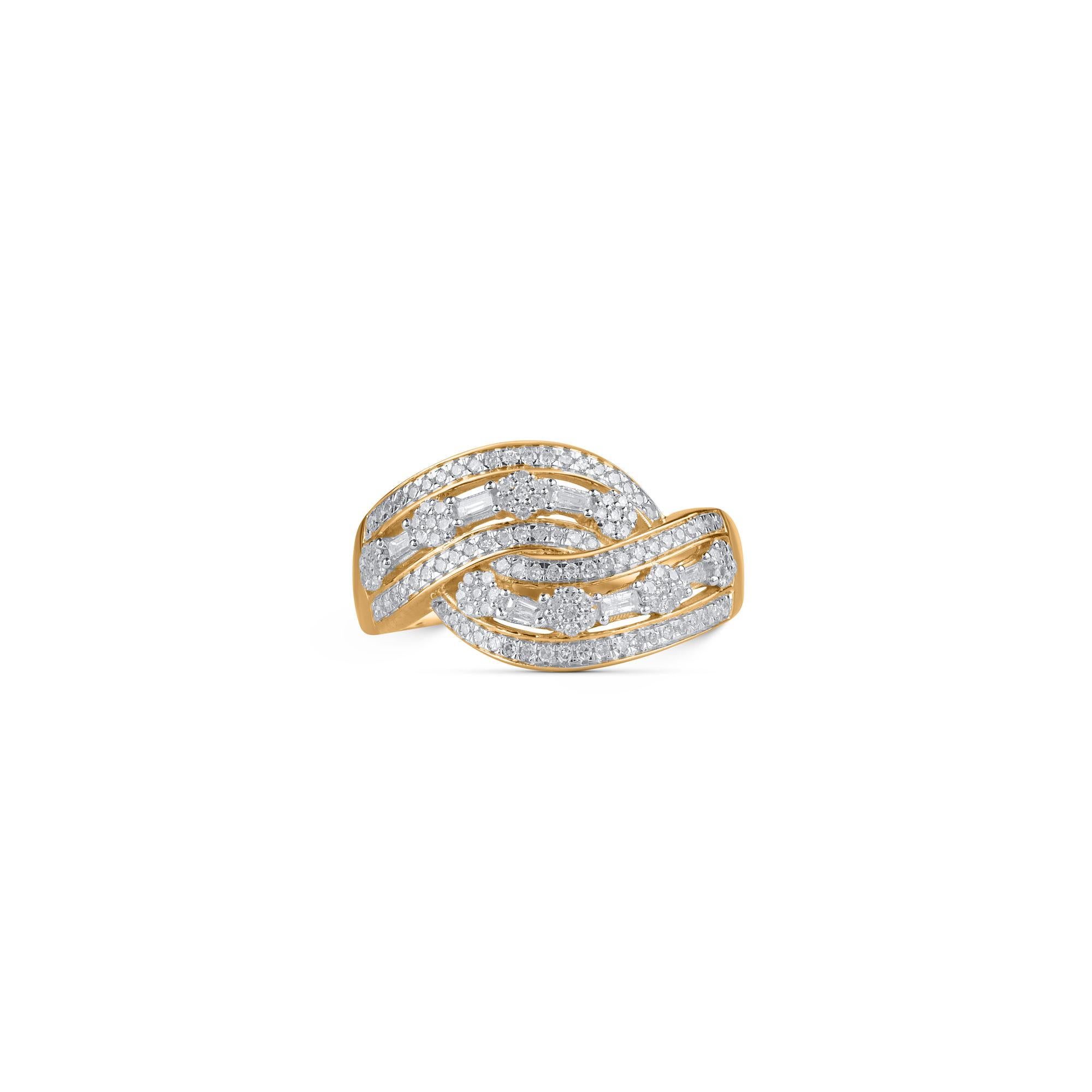 TJD 0,50 Karat runder und Baguette-Diamant 10 Karat Gelbgold Bypass-Ring (Moderne) im Angebot