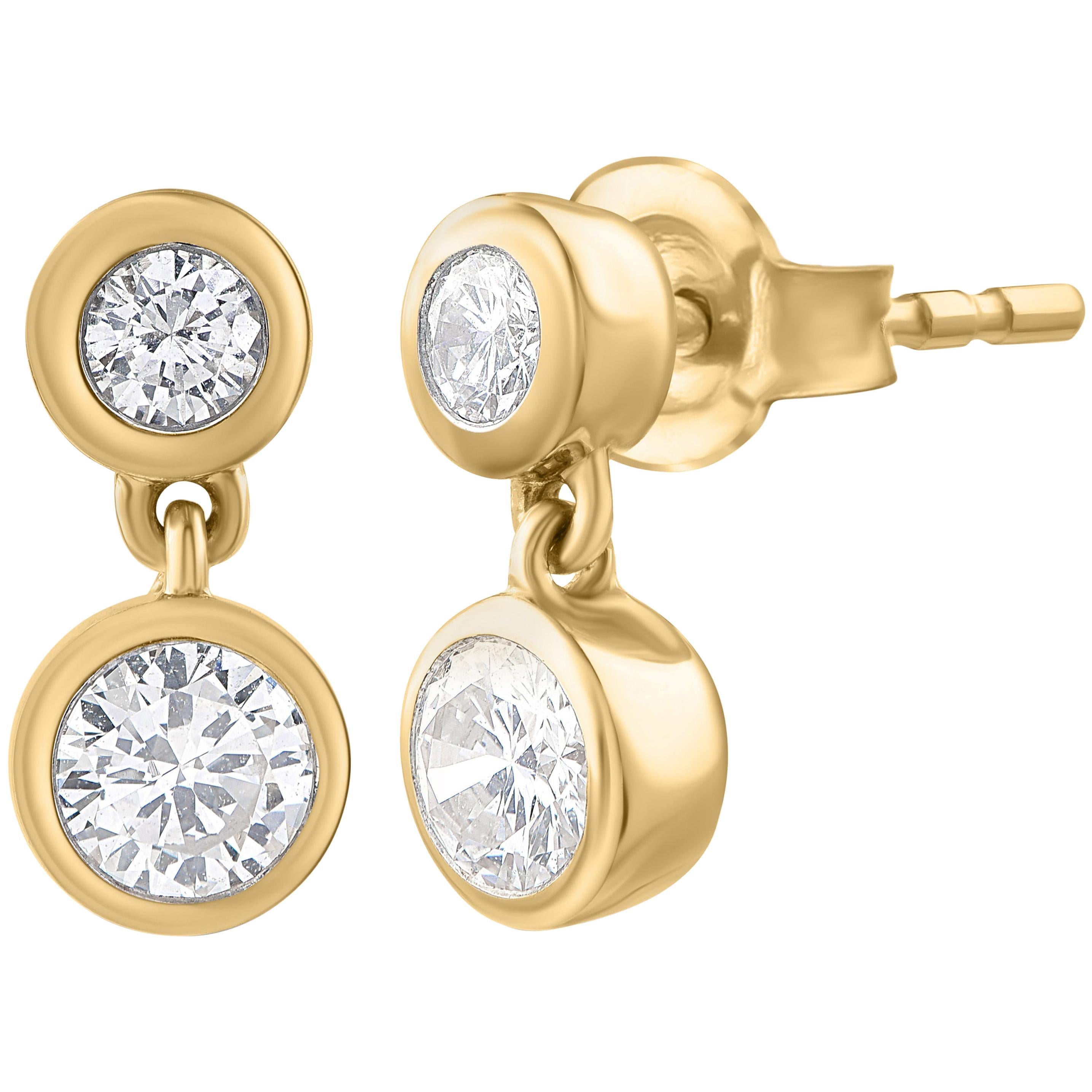 TJD 0.50 Carat Diamond Two Stone Bezel Set 14 Karat Yellow Gold Stud Earrings For Sale