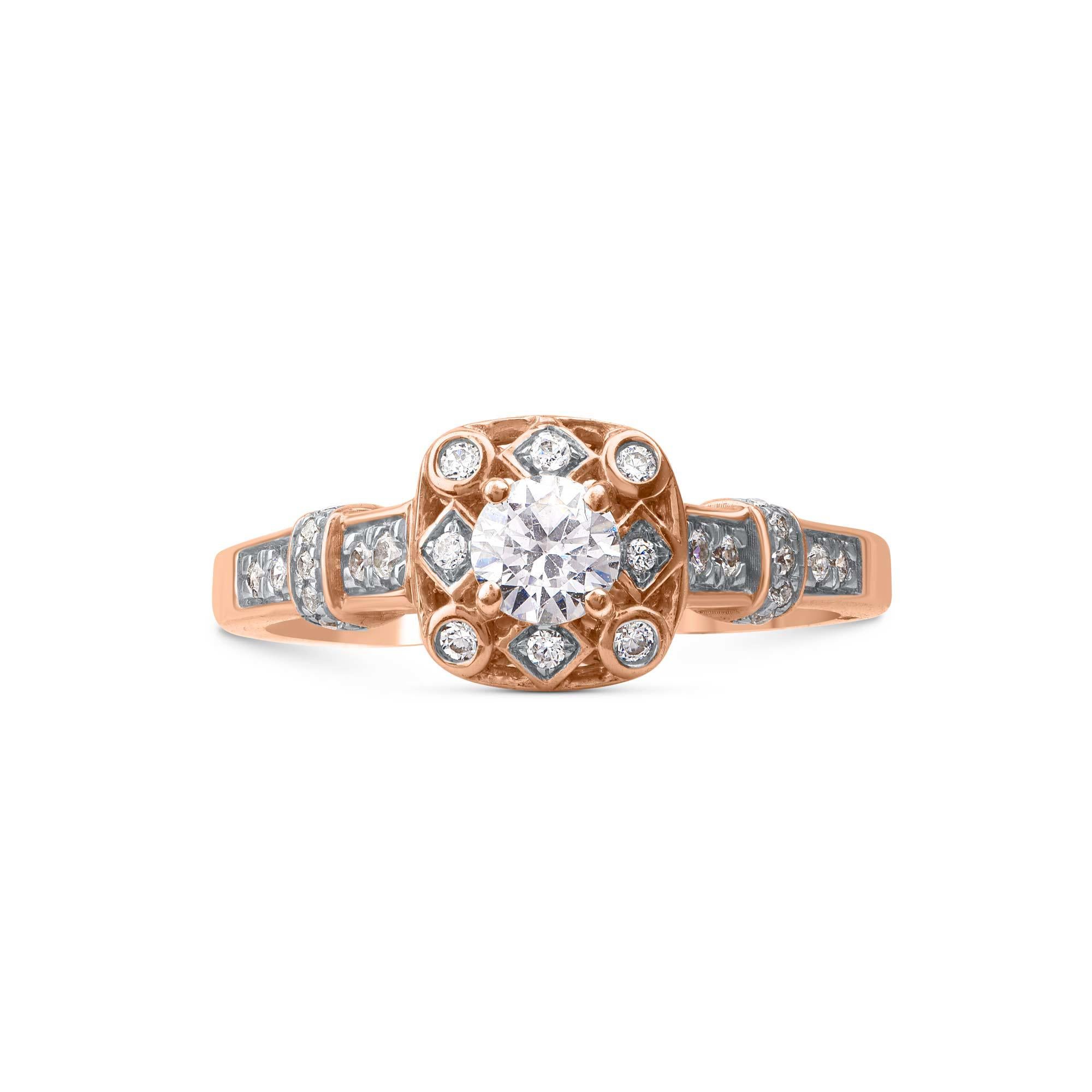 Modern TJD 0.50 Carat Diamond 18 Karat Rose Gold Halo Engagement Halo Ring For Sale