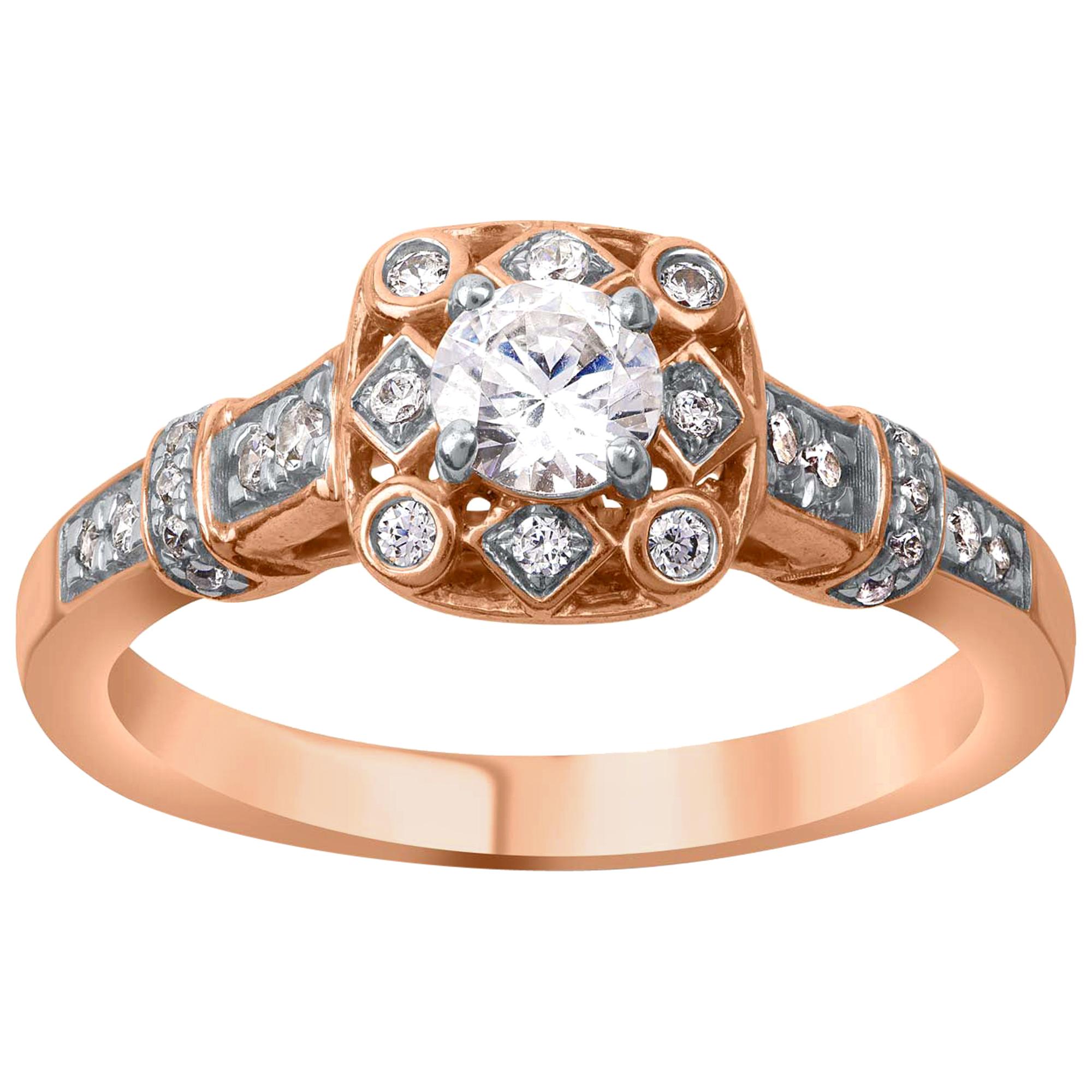 TJD 0.50 Carat Diamond 18 Karat Rose Gold Halo Engagement Halo Ring