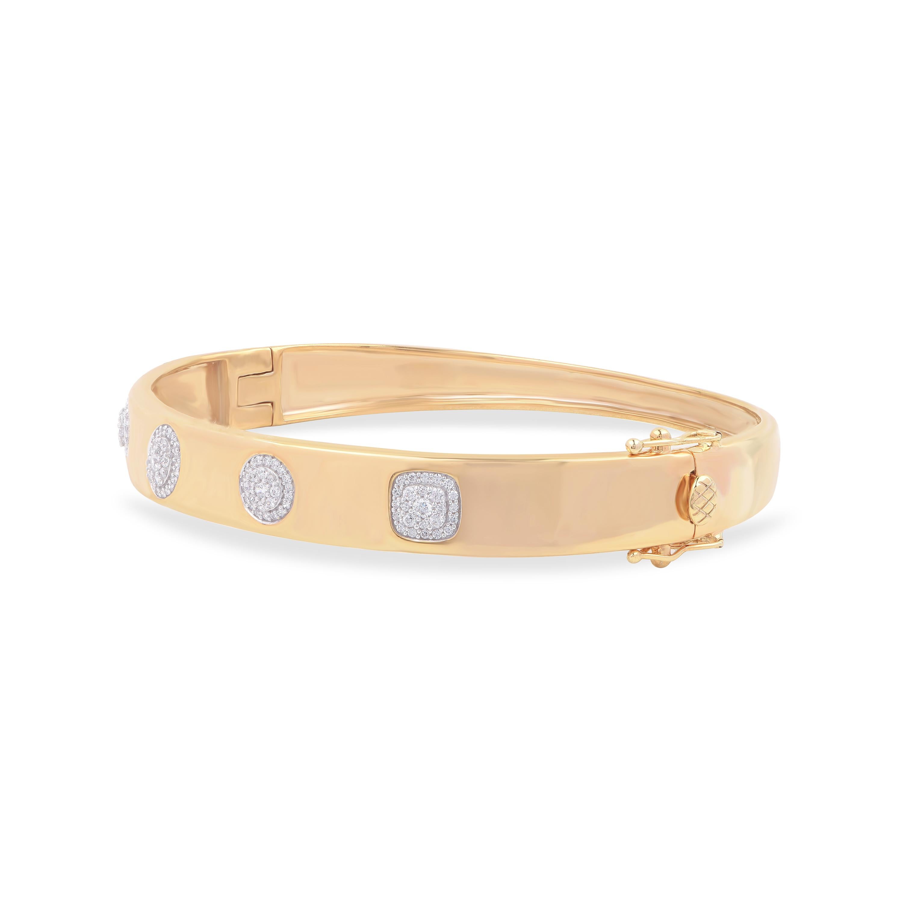 Beautifully hand-crafted by our skillful craftsmen in 18-karat yellow gold, this bangle features 109 brilliant-cut diamonds studded beautifully in prong and pave setting. The diamonds are graded H-I Color, I2 Clarity.