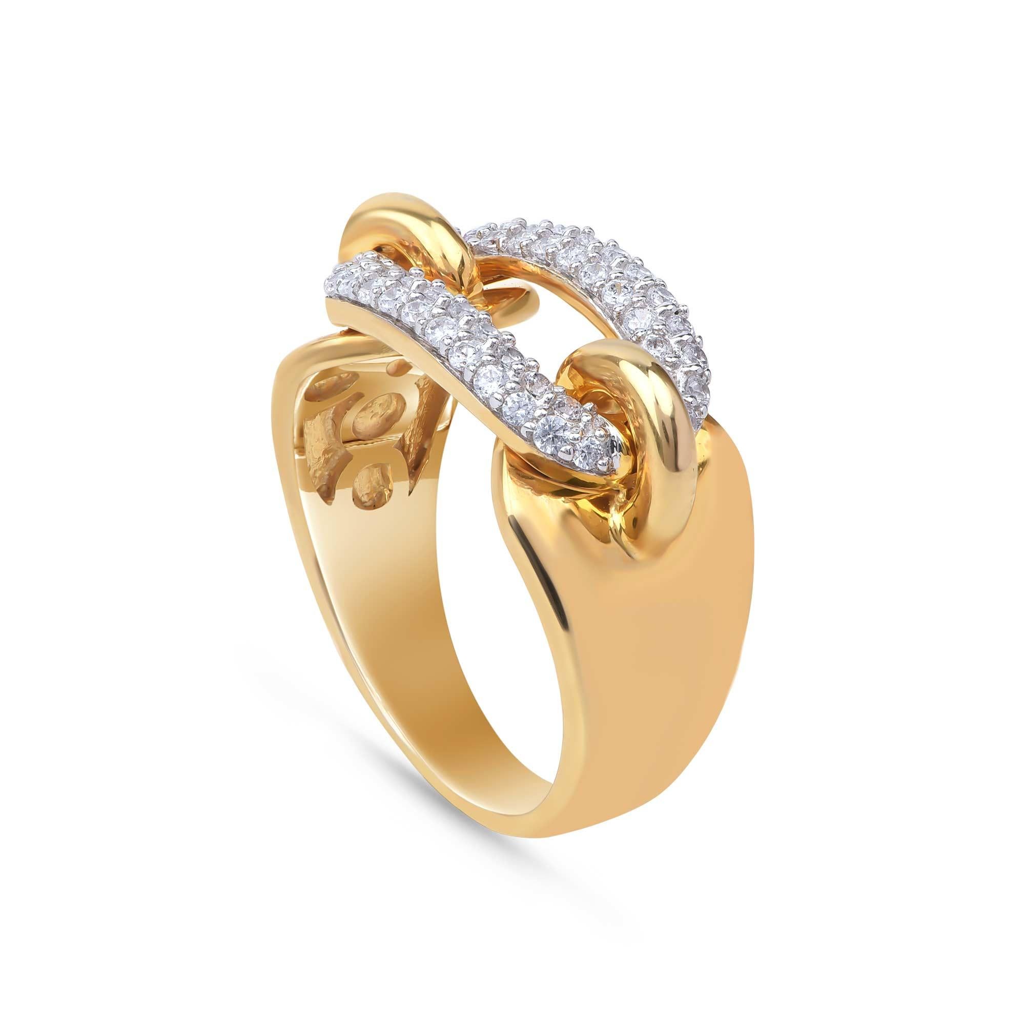 The ring dazzles with 46 brilliant natural diamonds in micro-prong setting and expertly designed in 18 kt yellow gold. Diamonds are graded H-I Color, I2 Clarity.  

Metal color and ring size can be customized on request. 

This piece is made to