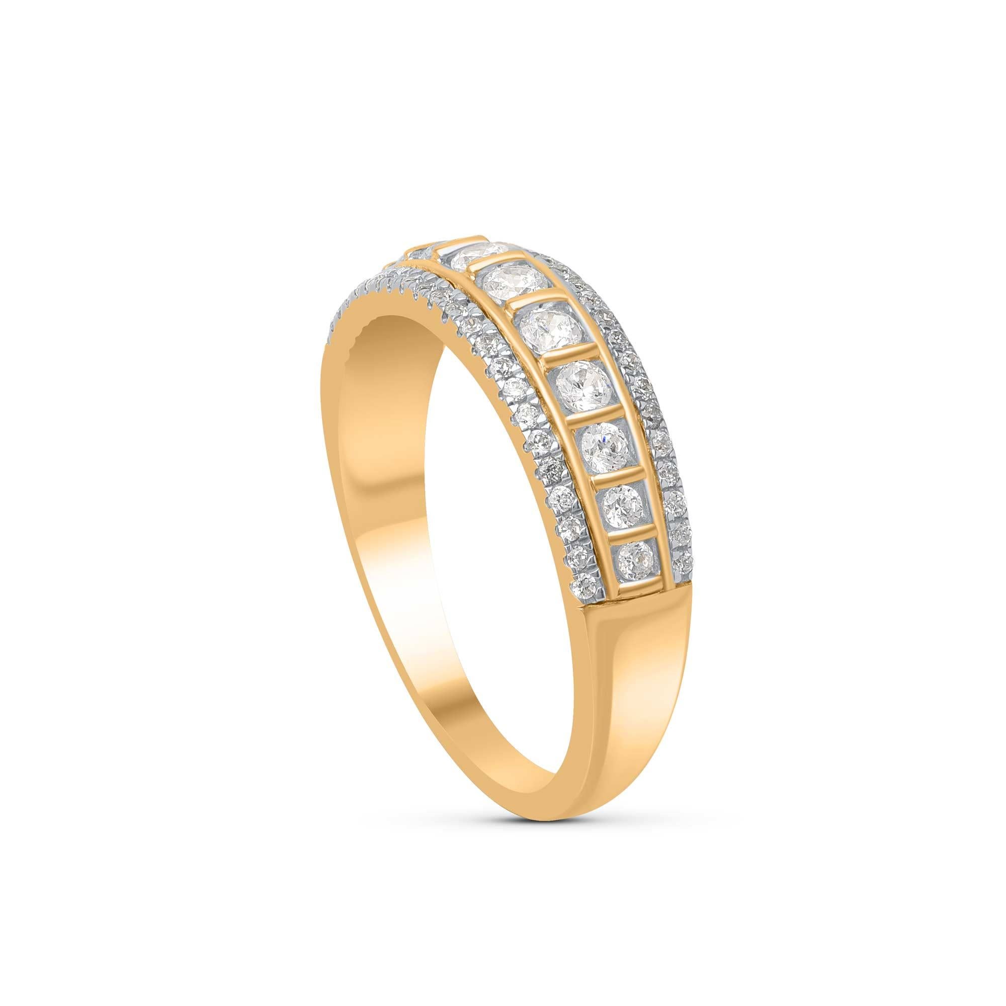 Dazzles with 57 brilliant natural diamonds beautifully set in nick and prong setting and designed by our in house experts in 18 KT yellow gold. Diamonds are graded H-I Color, I2 Clarity.  

Metal color and ring size can be customized on request.