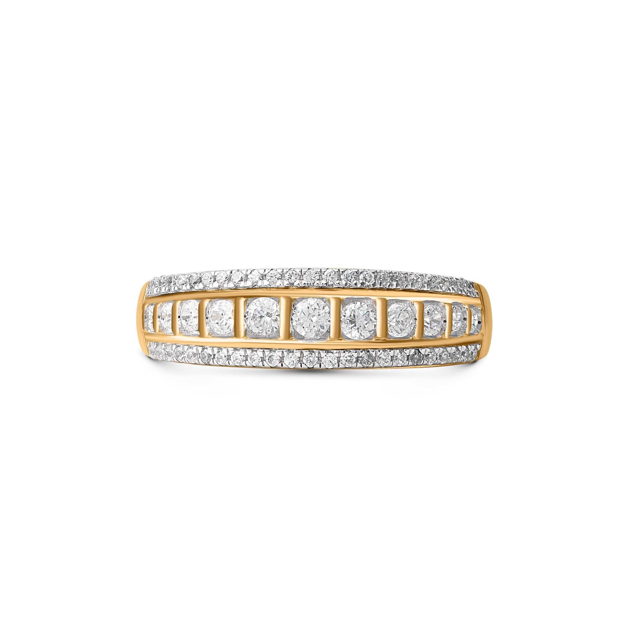 Modern TJD 0.50 Carat Diamond 18 Karat Yellow Gold Three Row Pattern Wedding Ring For Sale