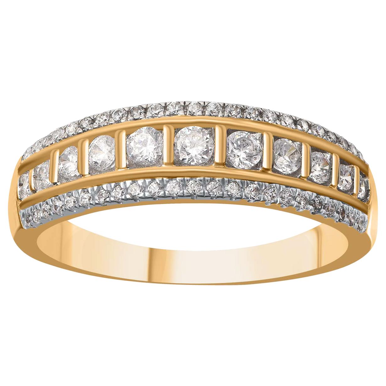 TJD 0.50 Carat Diamond 18 Karat Yellow Gold Three Row Pattern Wedding Ring