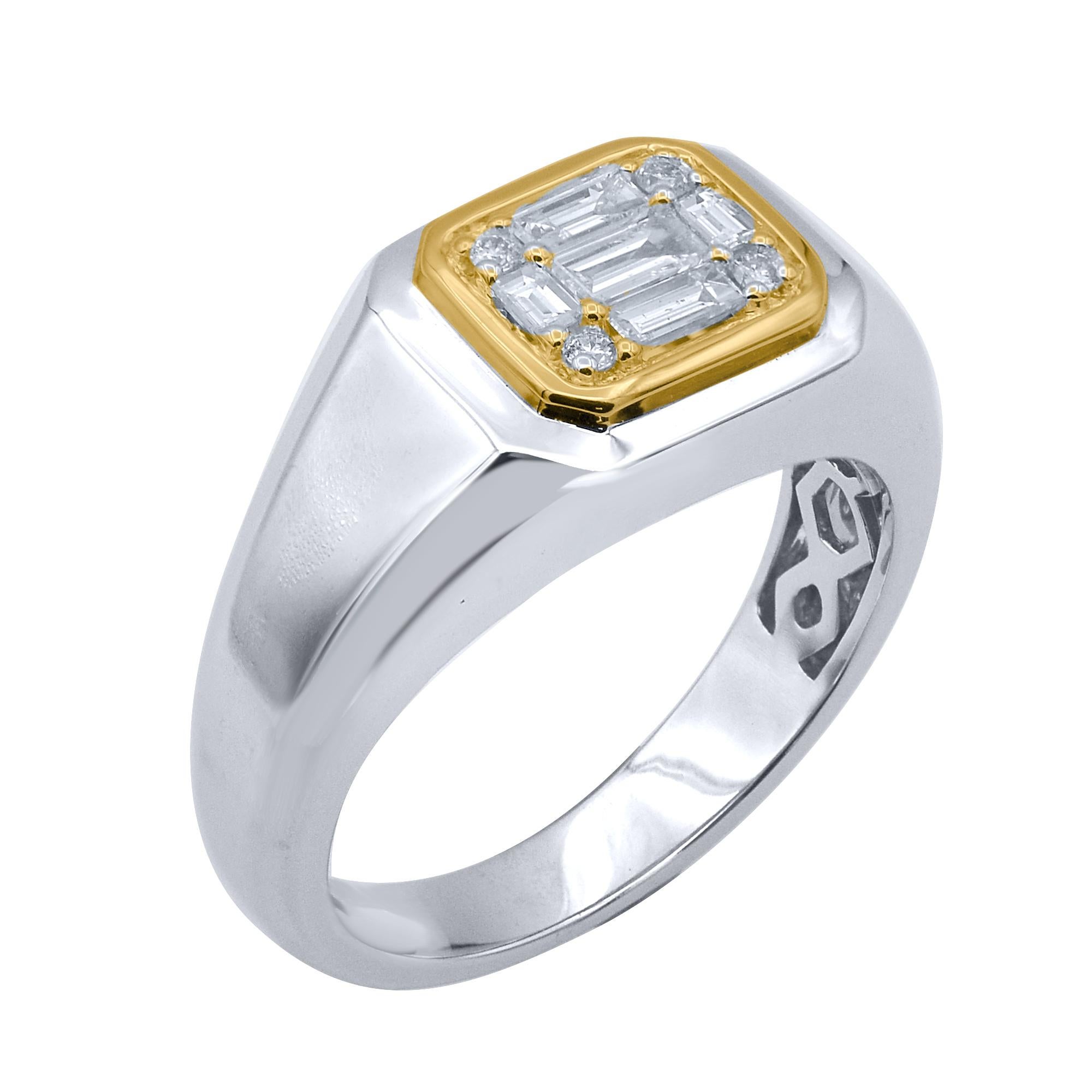 Raise the bar on your style when you wear this sophisticated diamond band ring. These band ring are studded with 9 brilliant cut & baguette natural diamonds in 18KT gold in prong setting . The white diamonds are graded as H-I color and I-2 clarity.