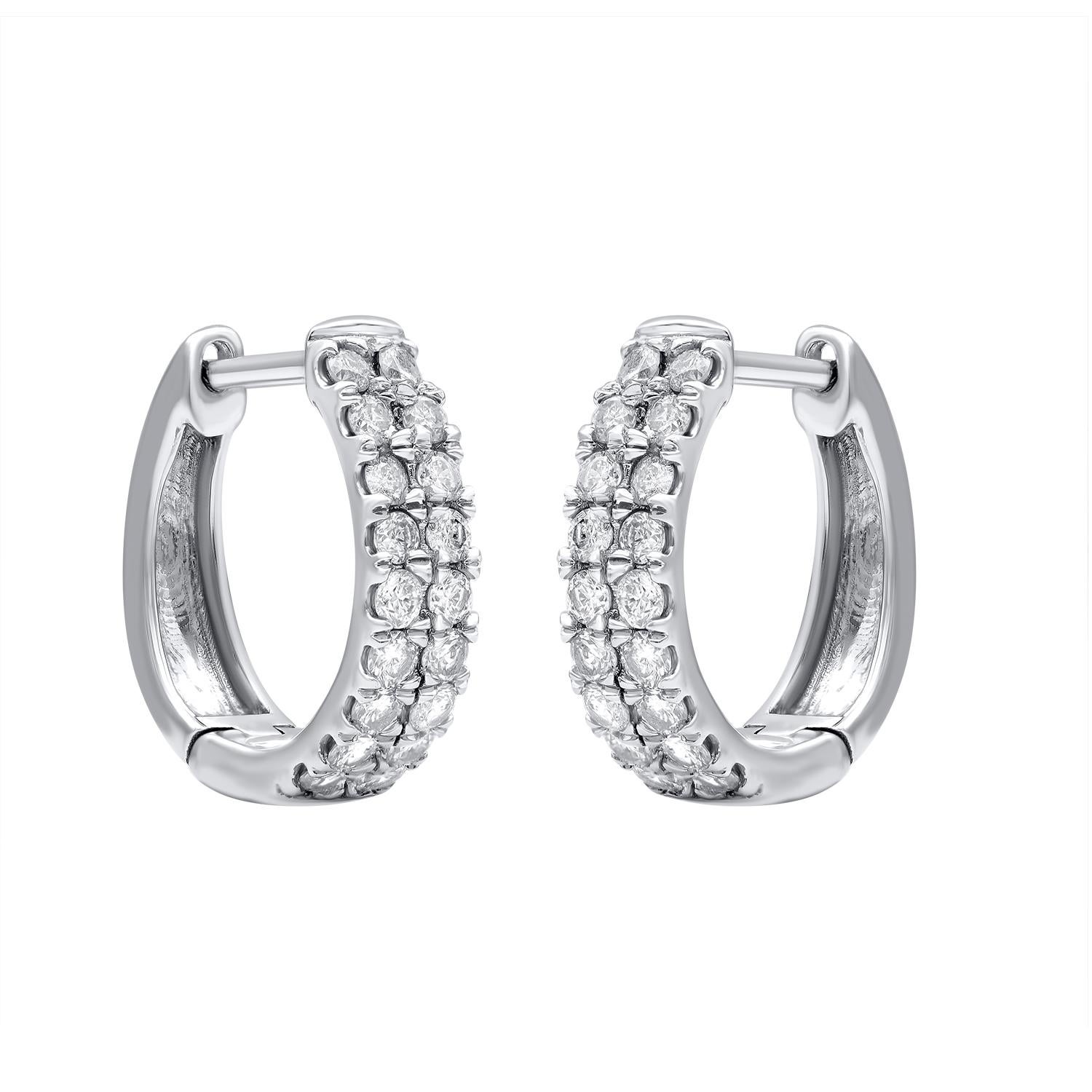 Modern TJD 0.50 Carat Brilliant Cut Diamond 14 Karat Gold Two Row Huggie Hoop Earrings For Sale