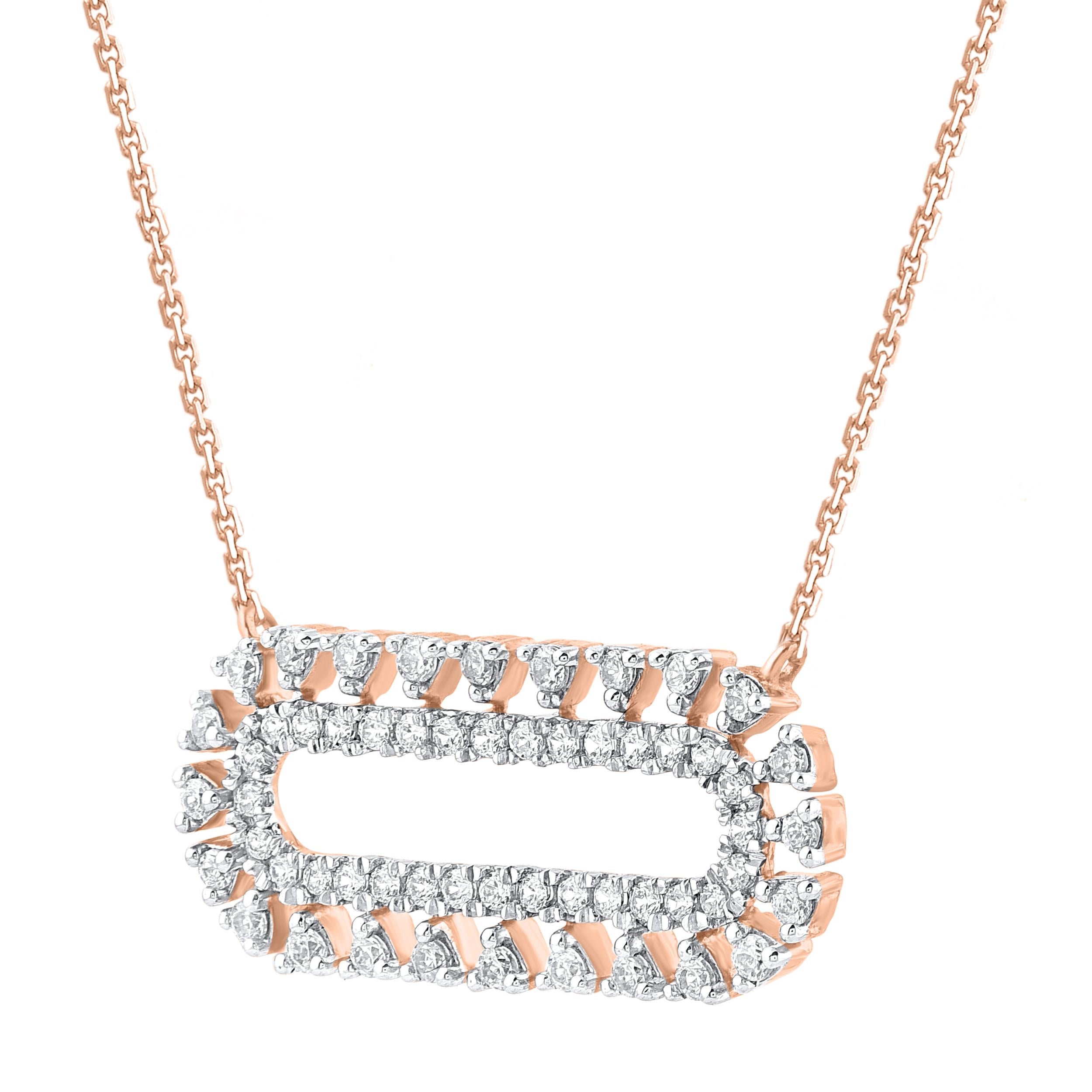 Bring charm to your look with this diamond bar necklace. This necklace is crafted from 14-karat rose gold and studded with 56 brilliant cut white diamonds in prong setting. H-I color I2 clarity and a high polish finish complete the brilliant