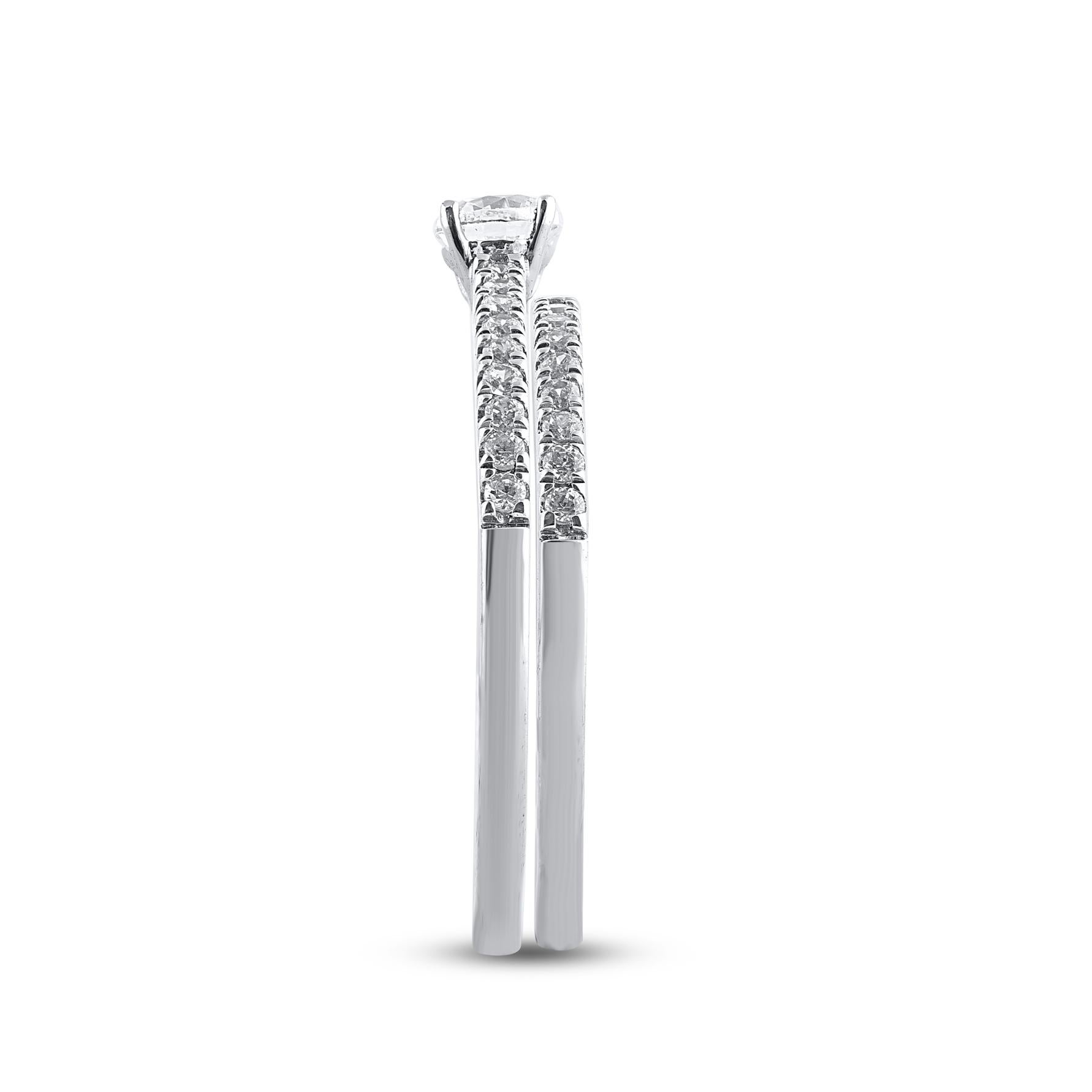 Contemporaneo TJD 0,50 Carati Diamante Taglio Brilliante 14 Karati Set di anelli da sposa in oro bianco in vendita
