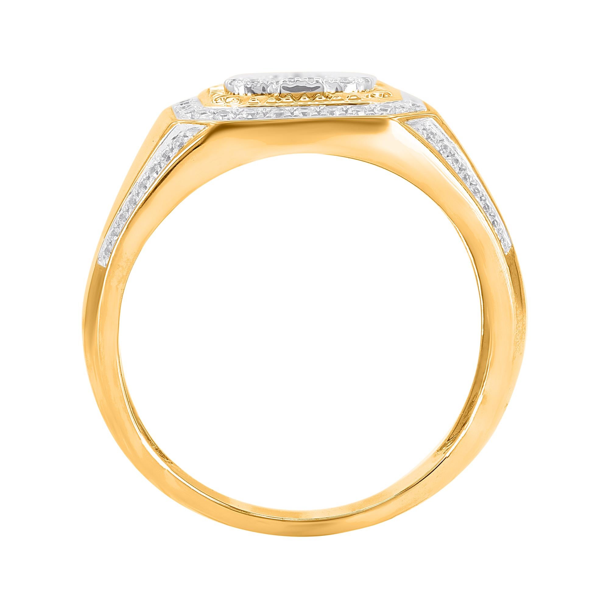 Surprise the man you love with this splendid diamond ring. These band ring are studded with 99 round diamonds in prong setting in 14KT yellow gold. The white diamonds are graded as H-I color and I-2 clarity.