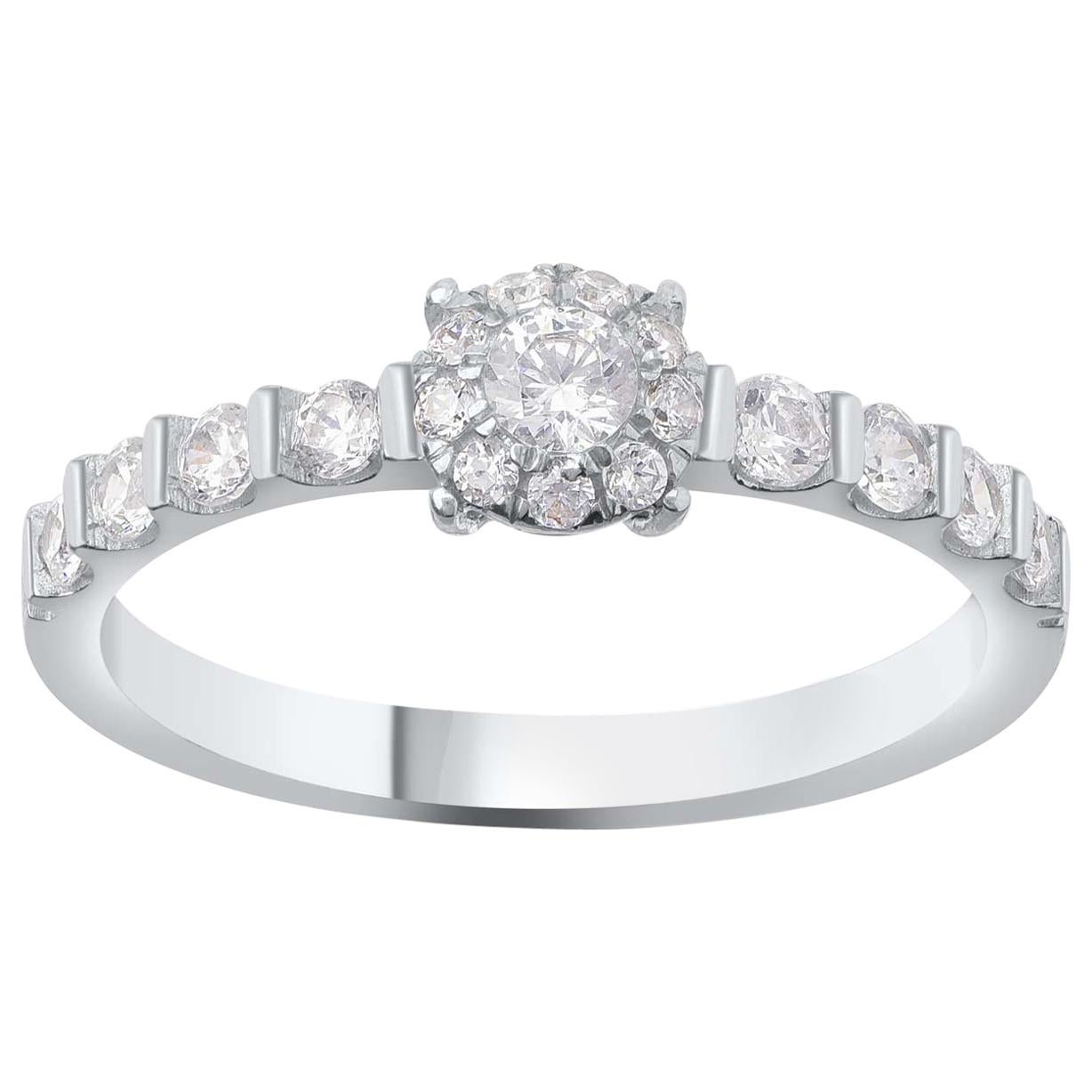 TJD 0.50 Carat Round Diamond 18 Karat White Gold Classic Halo Engagement Ring For Sale