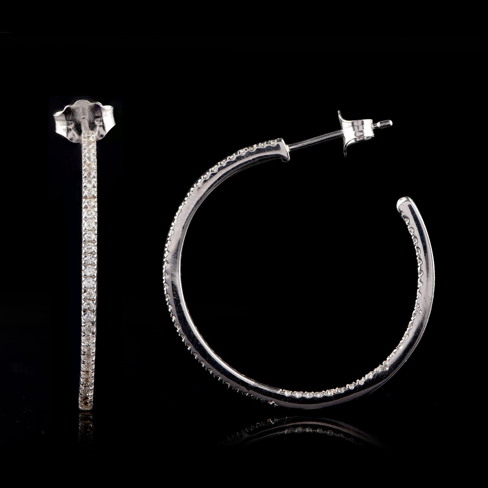 Round Cut TJD 0.50 Carat Inside Outside Diamond 18 Karat White Gold Classic Hoop Earrings For Sale