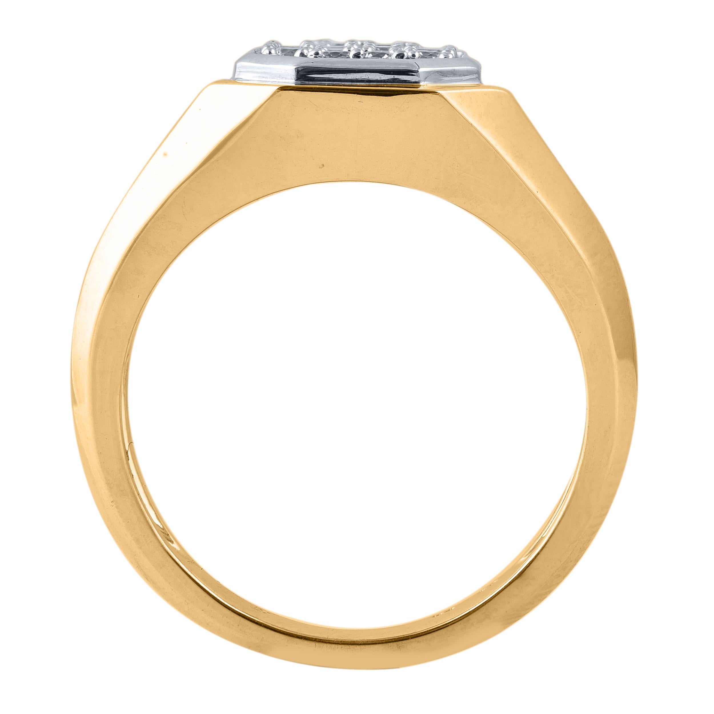 He'll appreciate the timeless look of this wedding band. These band ring are studded with 22 brilliant cut natural diamonds in pave setting in 18KT yellow gold. The white diamonds are graded as H-I color and I-2 clarity.